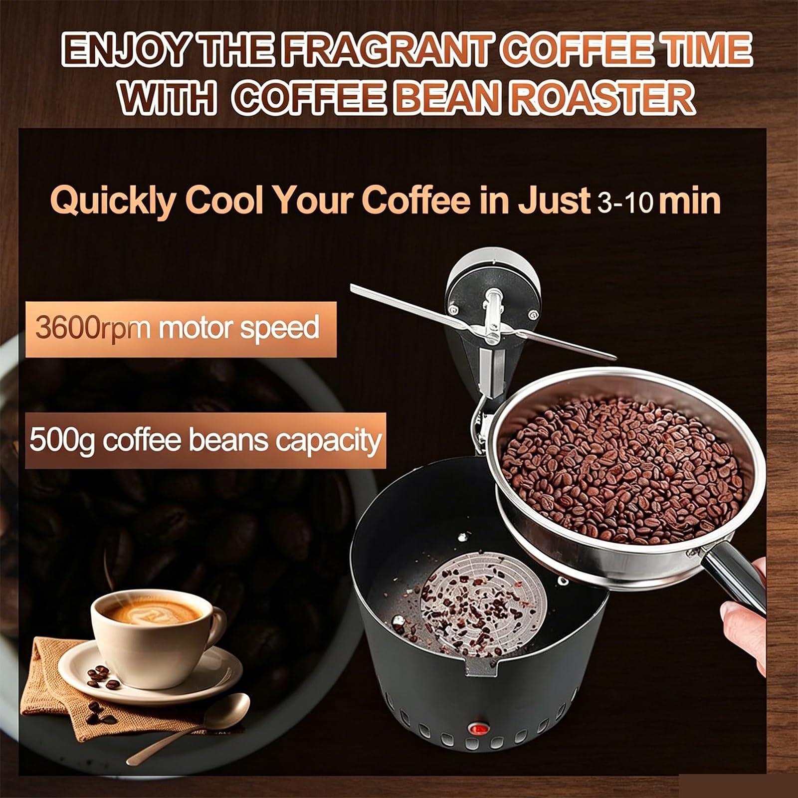 Bandeja de Enfriamiento de Café Eléctrica 500G, Enfriador de Granos Rotatorio con Agitación Automática, 40 Mallas y Tamices de 5 Mm for Asar en Casa
