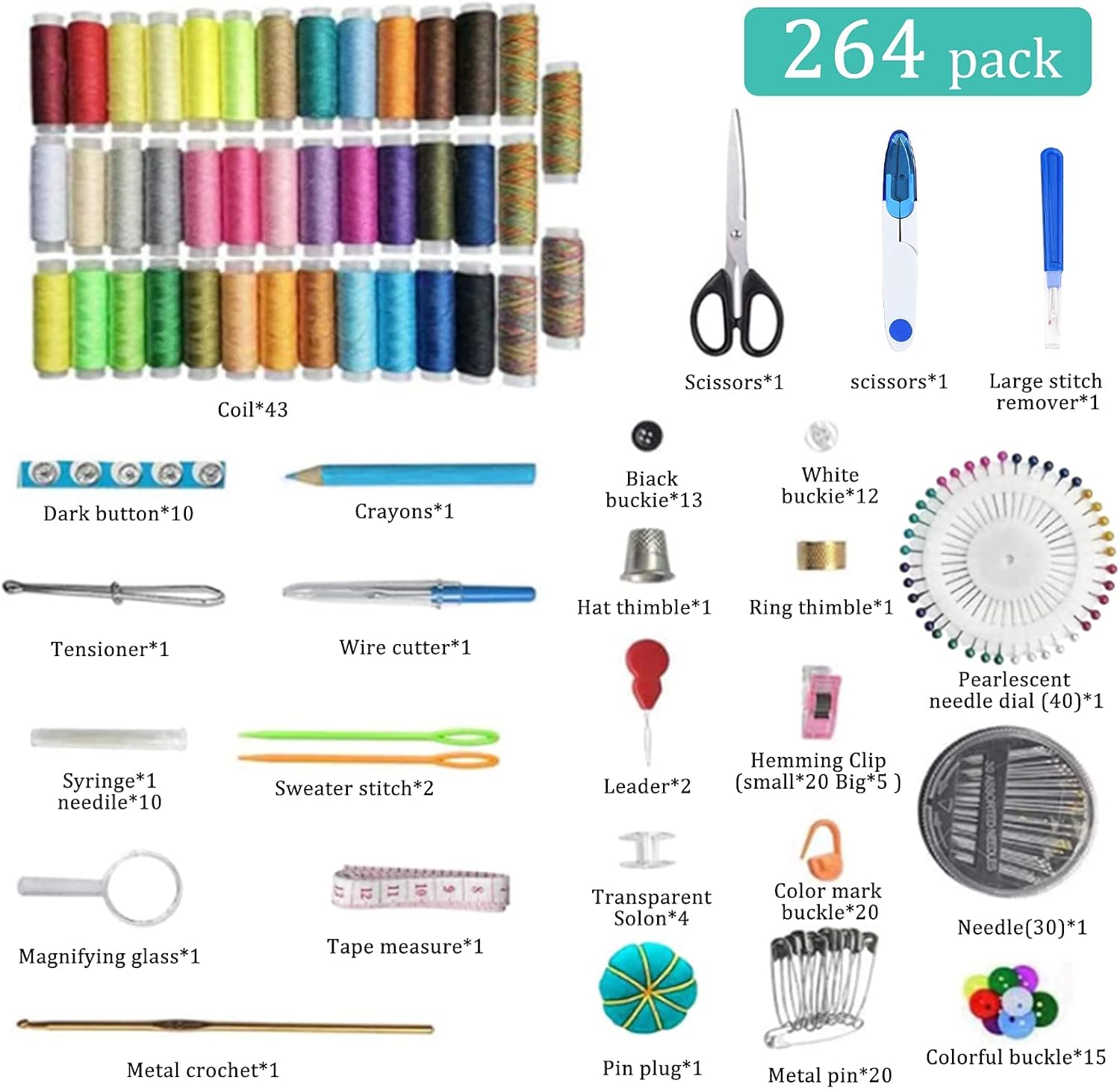 Kit da cucito, Set con 264 Pezzi, Incluso Borsa da Viaggio, Adatto a Casa, Viaggio e Emergenza, Uso Portatile