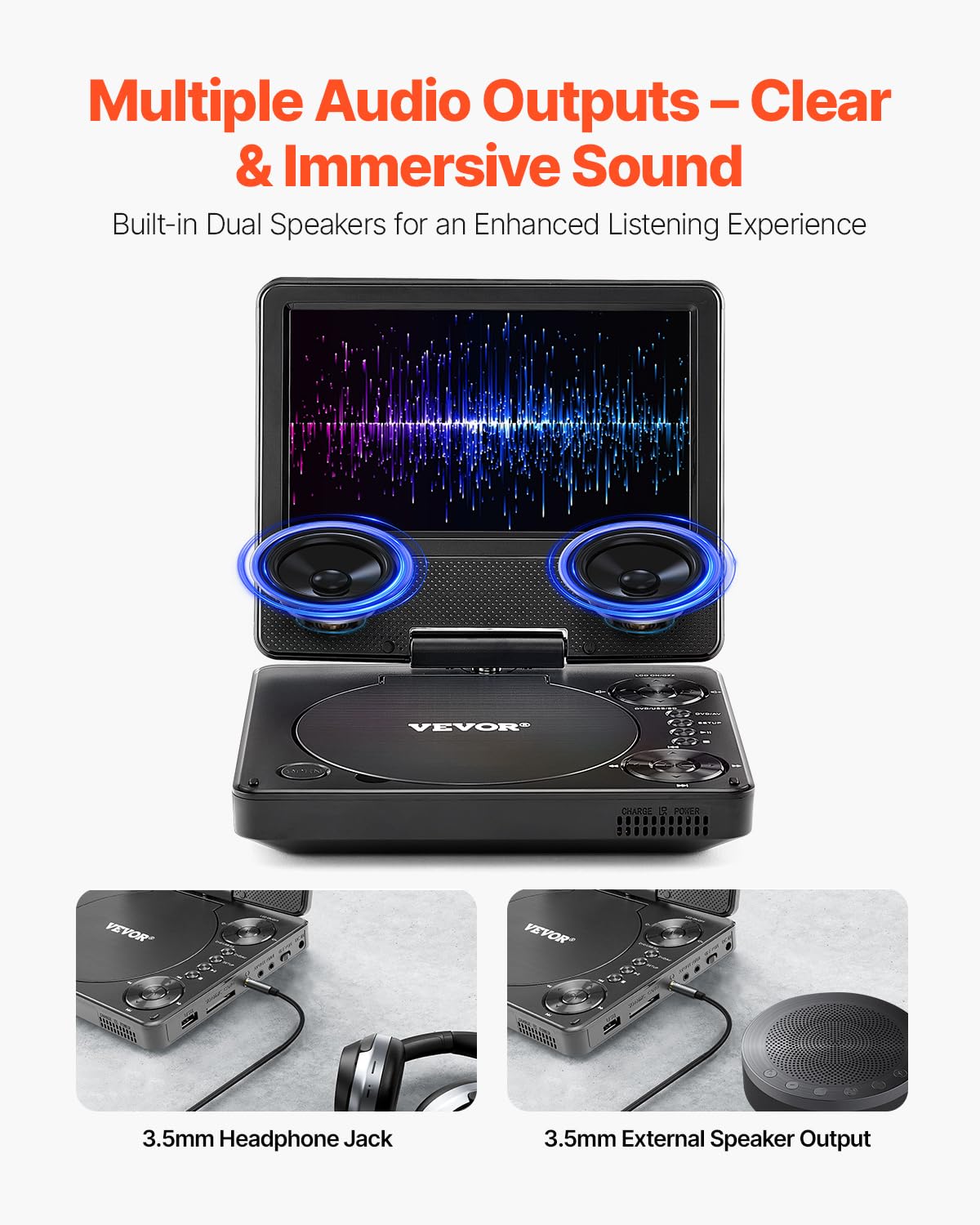 VEVOR Lettore DVD Portatile, Schermo HD Girevole da 7 pollici, Batteria Ricaricabile Integrata con Durata di 4 Ore, Altoparlante Doppio, Supporto Sincronizzazione TV/USB/Scheda SD/CD/DVD