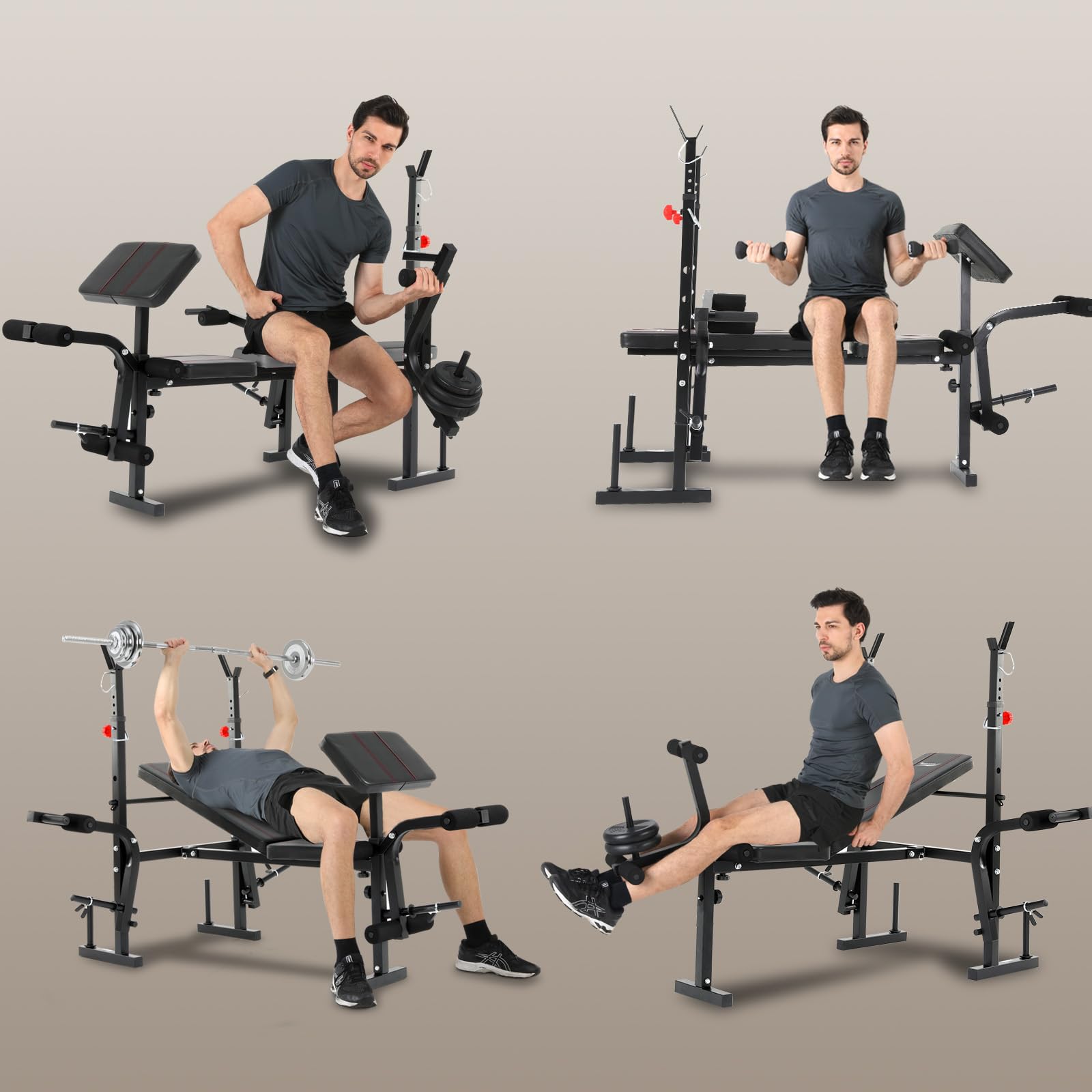 Banc de Musculation Complet Multifonction avec Dossier Réglable, Repose-Jambes et Support de Poids, Banc Musculation Pliable&Inclinable/Bancs Developper Coucher, Bancs de Biceps/de Curl