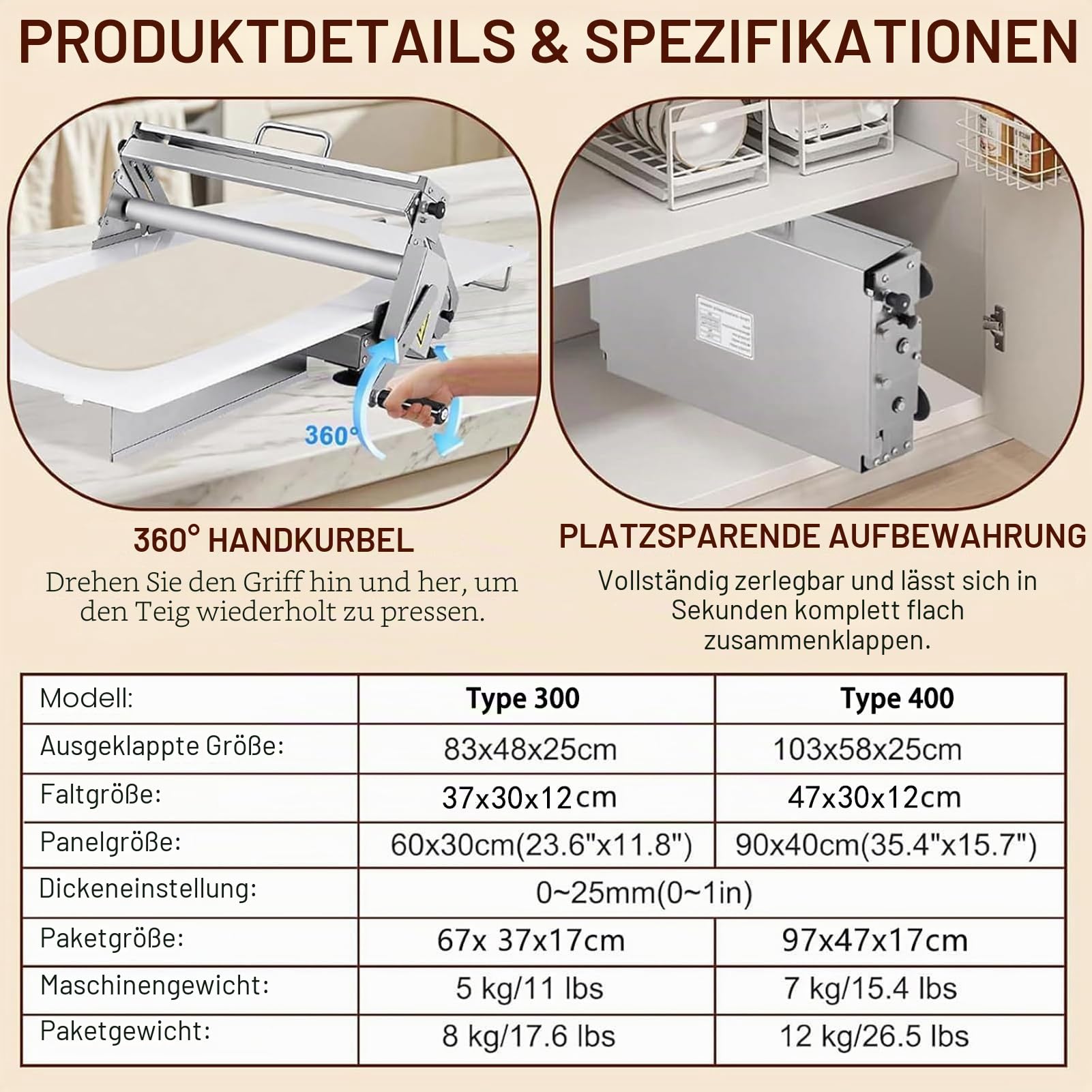 Klappbare Teigausrollmaschine Manueller Teigwalzer mit Einstellbarer Dicke 0-25 mm, Edelstahl, für Pizzateig, Blätterteig, Croissants - für Private und gewerbliche Bäckereien