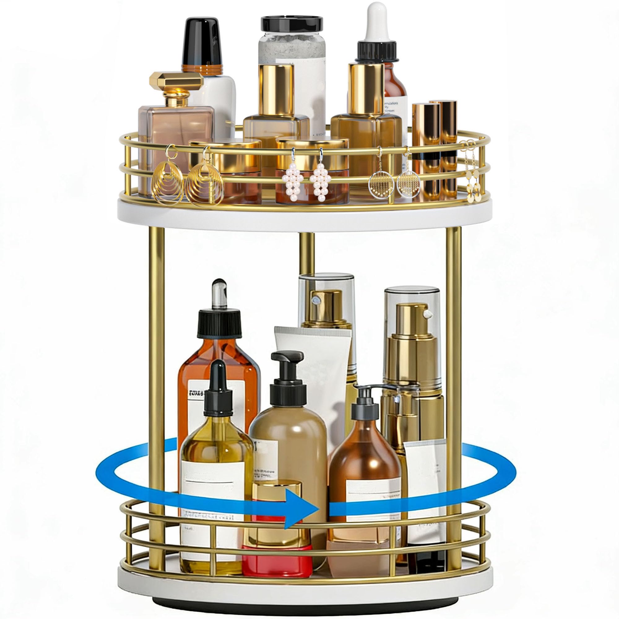 Bathroom Organizer Countertop,2 Tier Rotating Makeup Organizer Countertop for Vanity,Wooden Bathroom Counter Storage Shelf,Lazy Susan Turntable for Perfume,Skincare,Cosmetic (White-Gold)