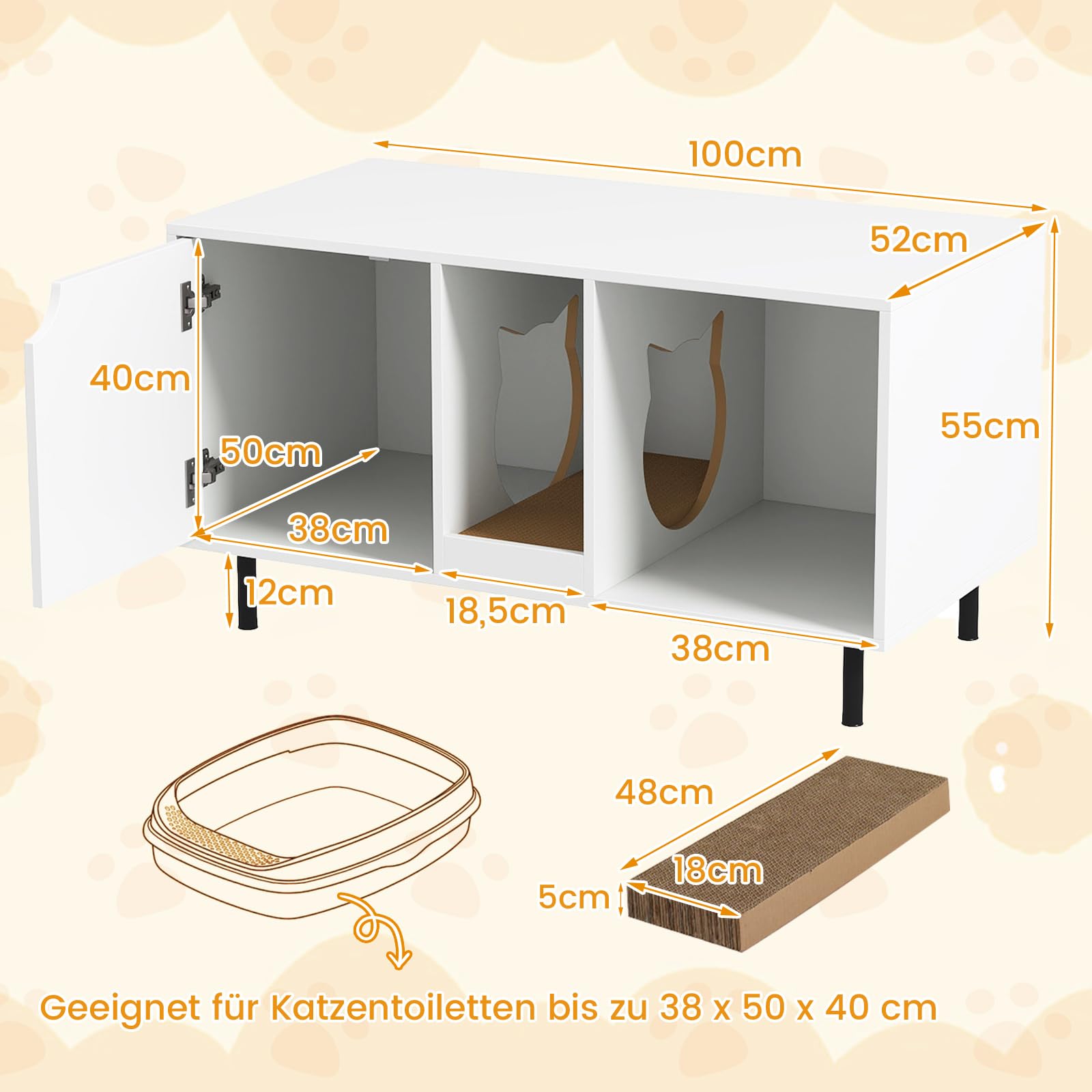 GOPLUS Katzenschrank für Katzentoilette, Katzenklo Schrank mit Abnehmbarer Kratzbrett, Eingang, Metallbeine & Eingang, Katzenhaus Beistelltisch aus Holz für 2 Katzen, 100 x 52 x 55 cm