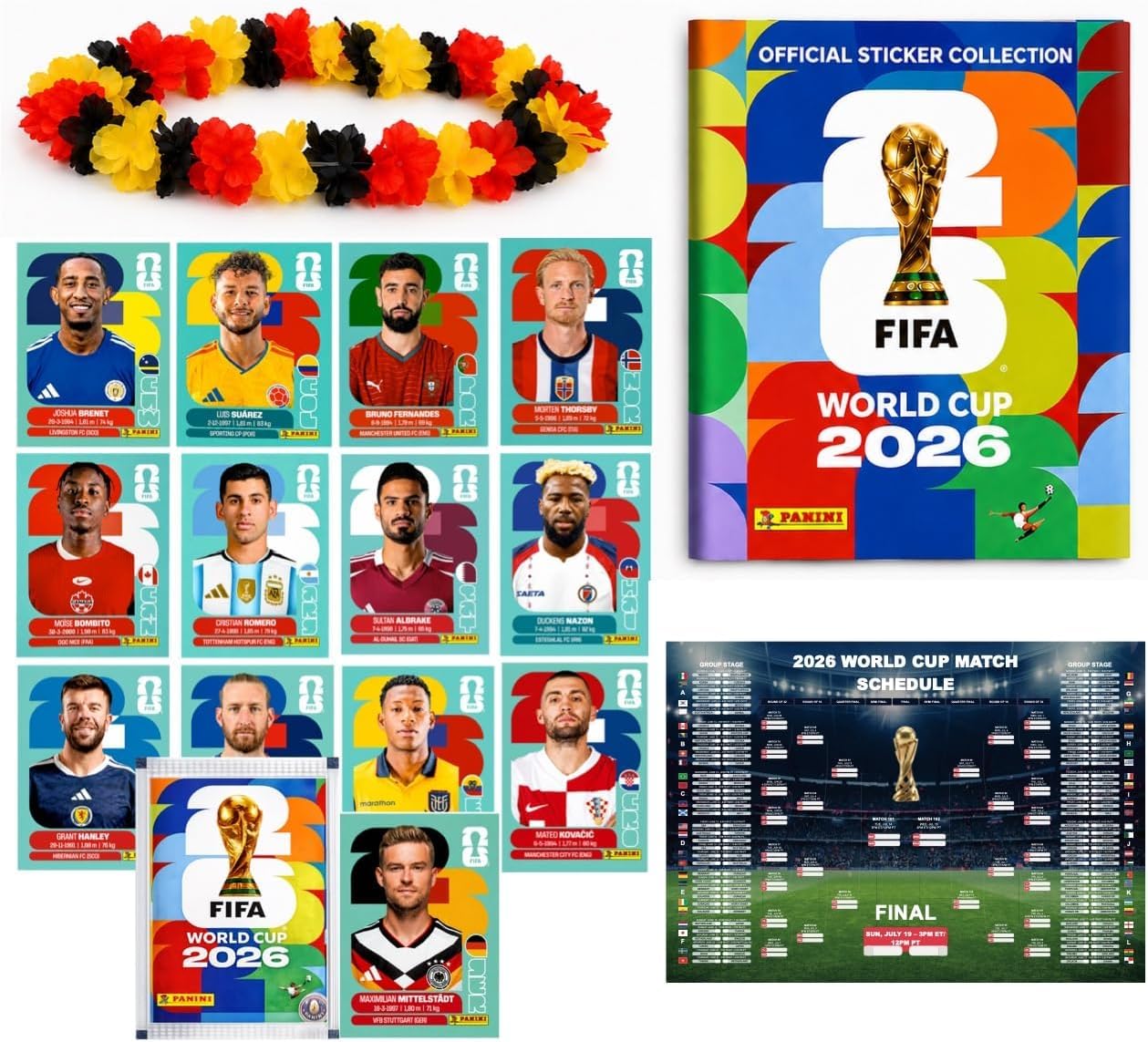 XXL Fan Starterset WM 2026 – Original Panini Sticker Album, Extra 1x Spielplan & Deutschland Blumenkette (10 Tüten / 70 Sticker Set) Eigenmarkenbundle