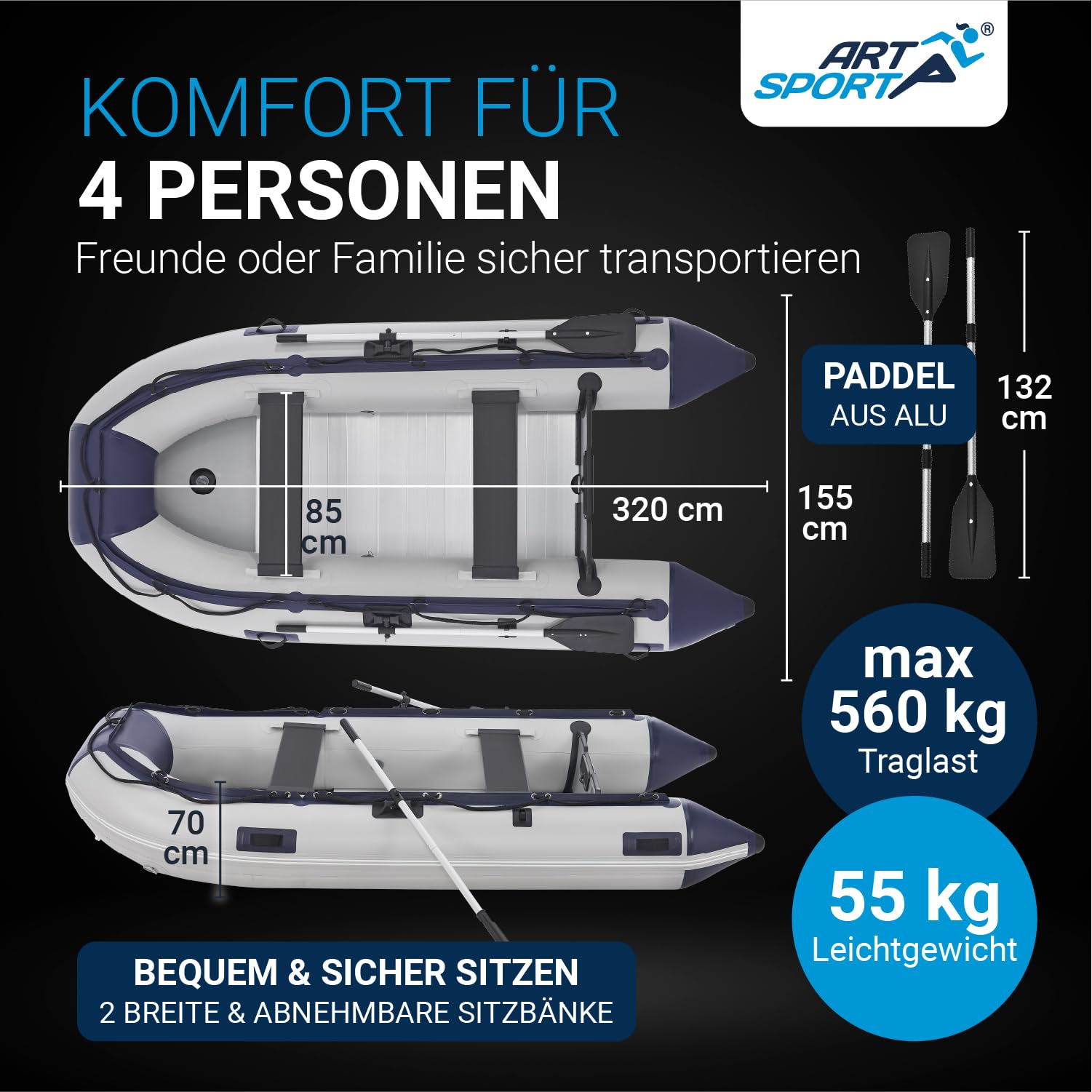 ArtSport Schlauchboot 3,20 m für 4 Personen mit 2 Sitzbänke & Aluboden - Paddelboot mit Paddel, Pumpe, Tasche & Reparaturset - Angelboot aufblasbar