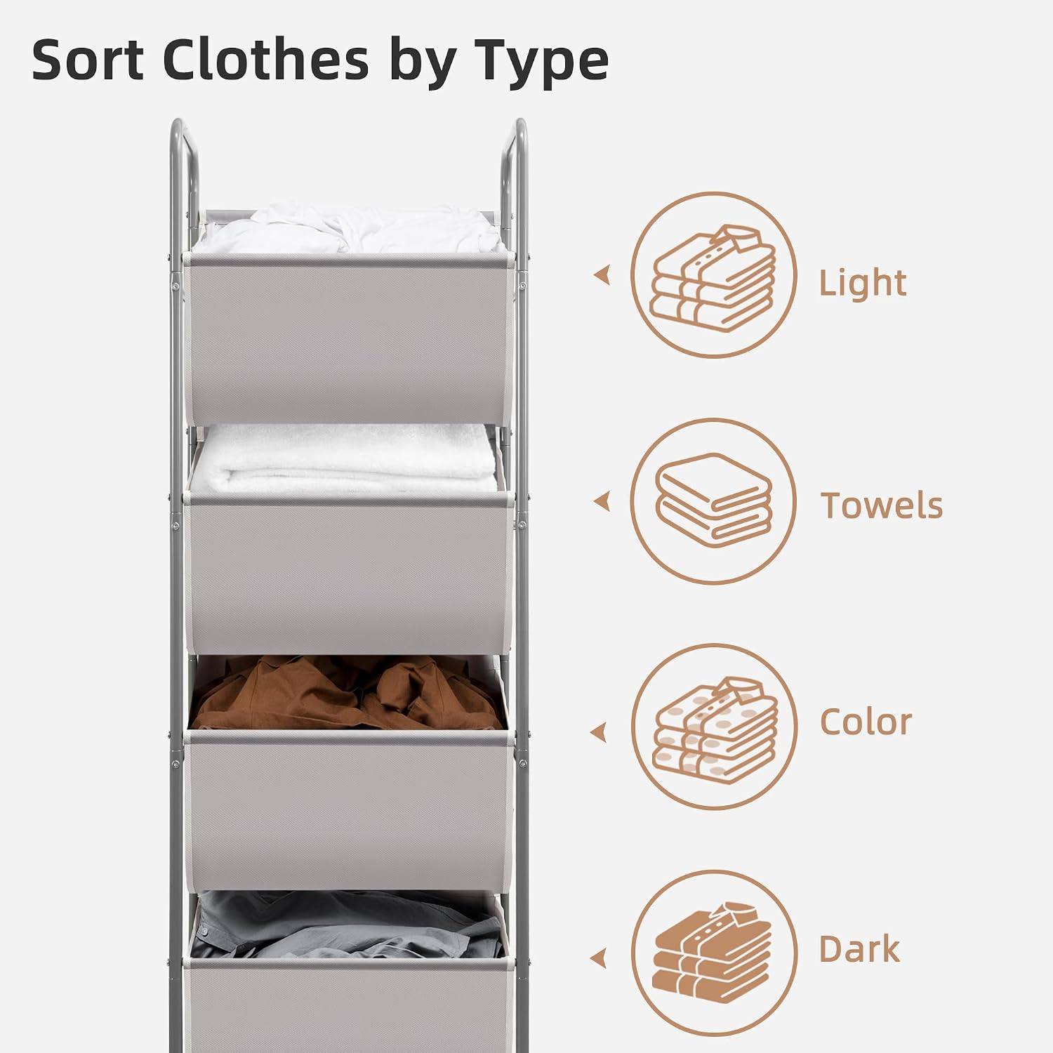 STORAGE MANIAC Vertical Rolling Laundry Hamper, 4 Section Laundry Sorter with Wheels and 2 Breaks, 4-tier Laundry Baskets for Small Space, Dorm, Laundry Room, Closet, Bathroom, Gray 4-tier