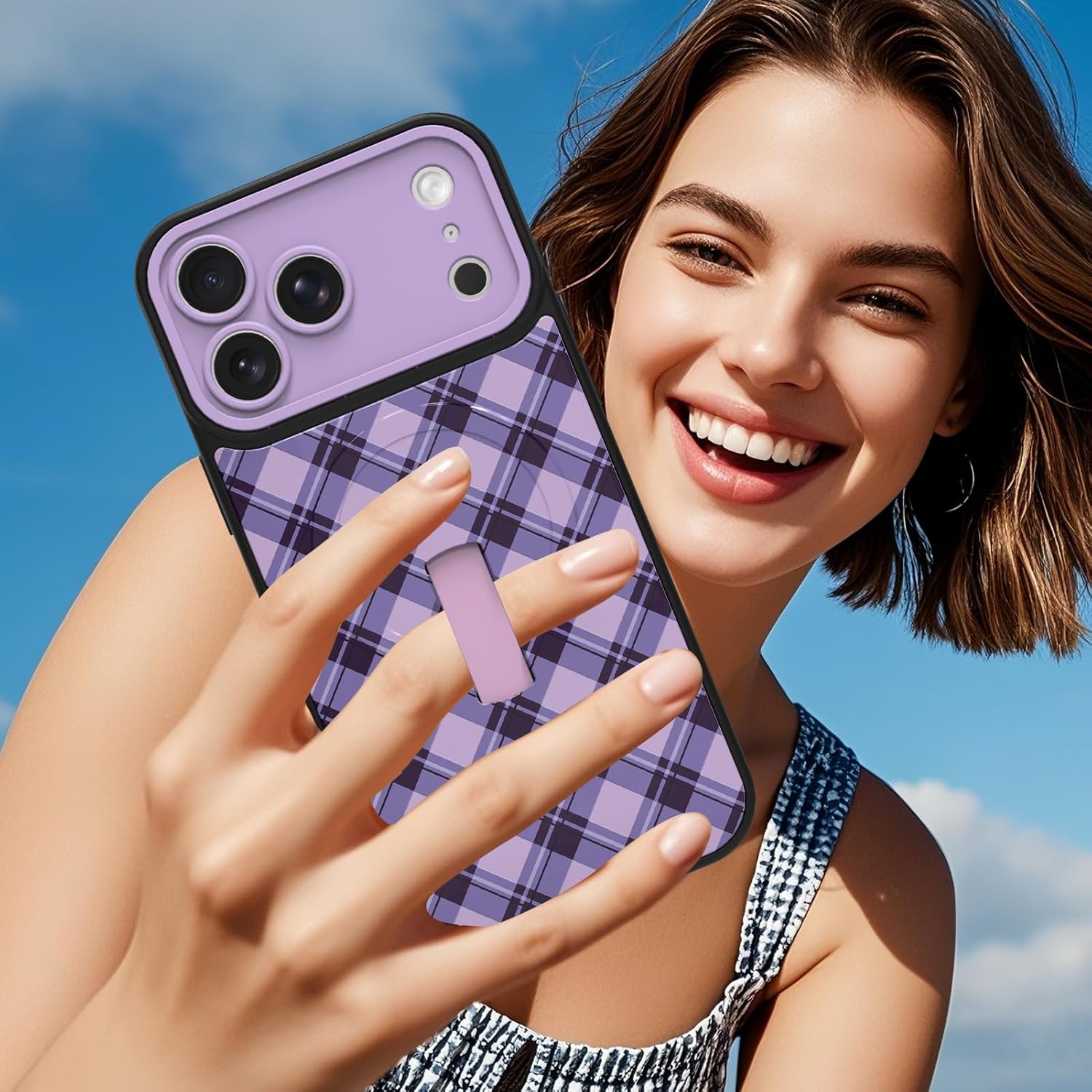 MOWIME Magnetic for iPhone 17 Pro Max Case with Finger Strap Kickstand, Compatible with Magsafe, Cute Checkered Checkerboard Plaid Phone Case for Women Men Full Camera Protection Cover, Purple