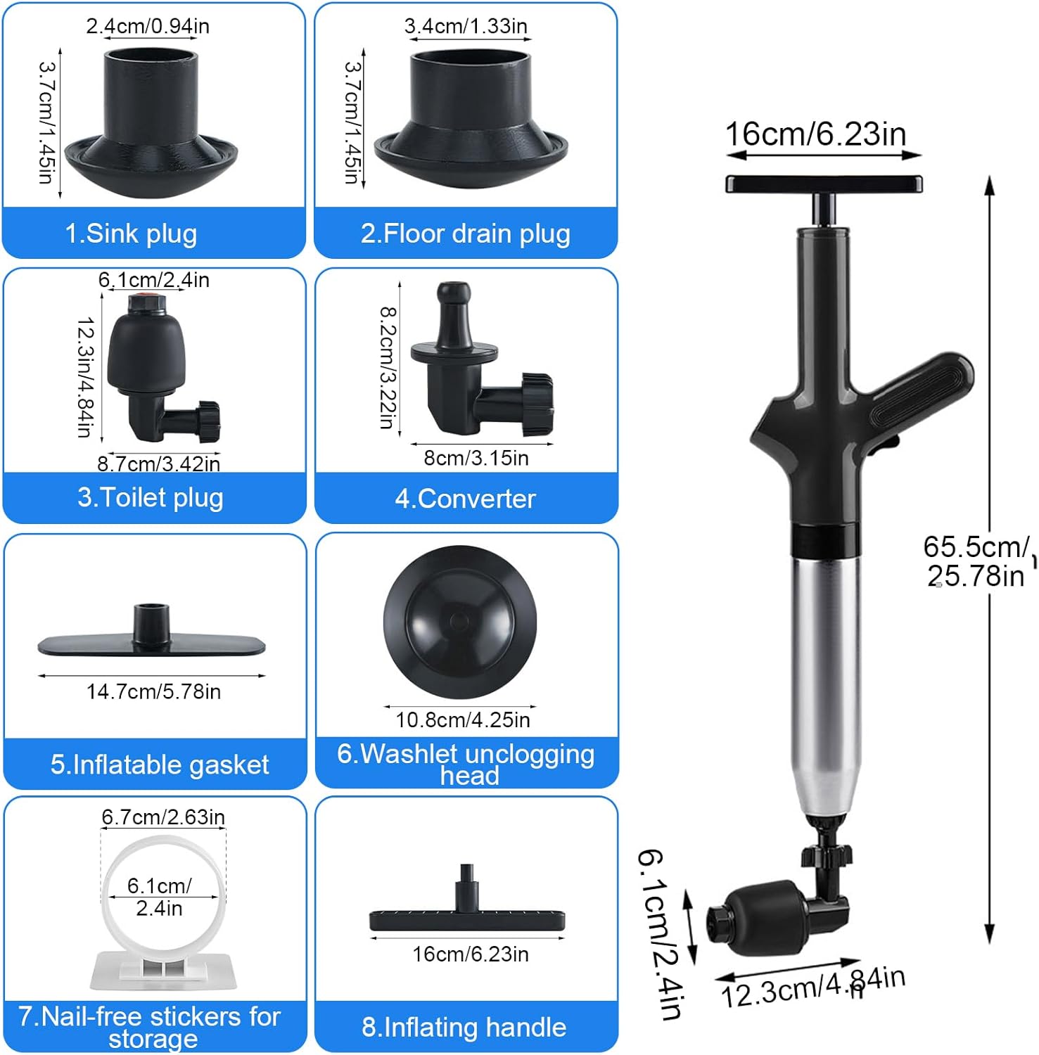 Toilet Plunger, Plunger Clog Remover, High Pressure Air Drain Blaster with Real-Time Barometer, Drain Clog Remover for Toilet, Bathroom, Sink, Floor, Kitchen Clogged, Black