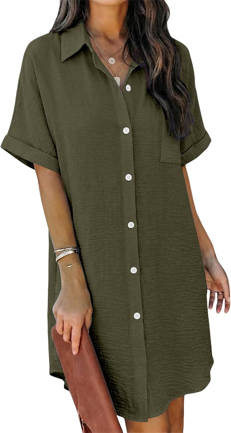 Magritta Casual Shirts Dresses for Women V Neck Solid Color Flowy Short Sleeve Summer Shift Dress S-3XL
