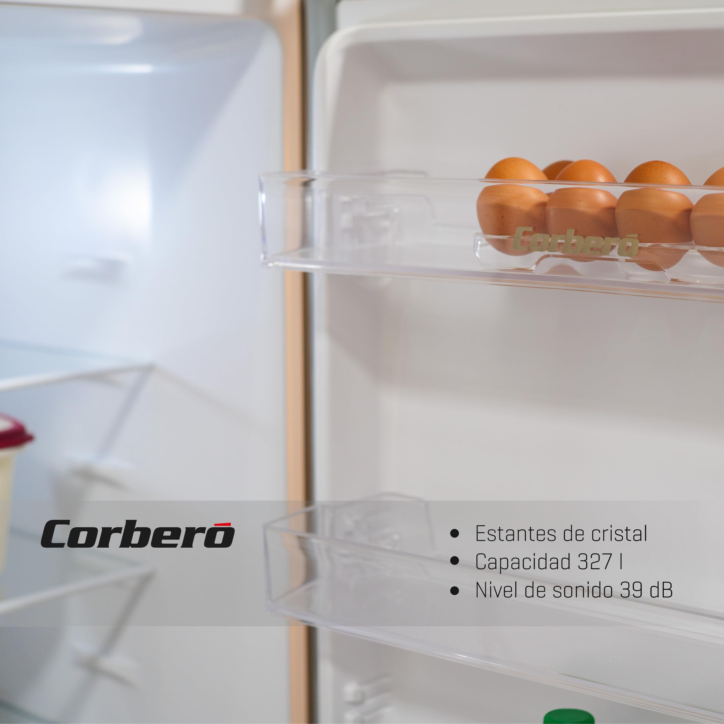 Corbero - Frigorífico Combi No Frost | CCH18574NFX | 327L | 59x91x177 | Luz LED | Crisper y Balcones Ajustables | Estantes de Cristal | 39 Db | Inox
