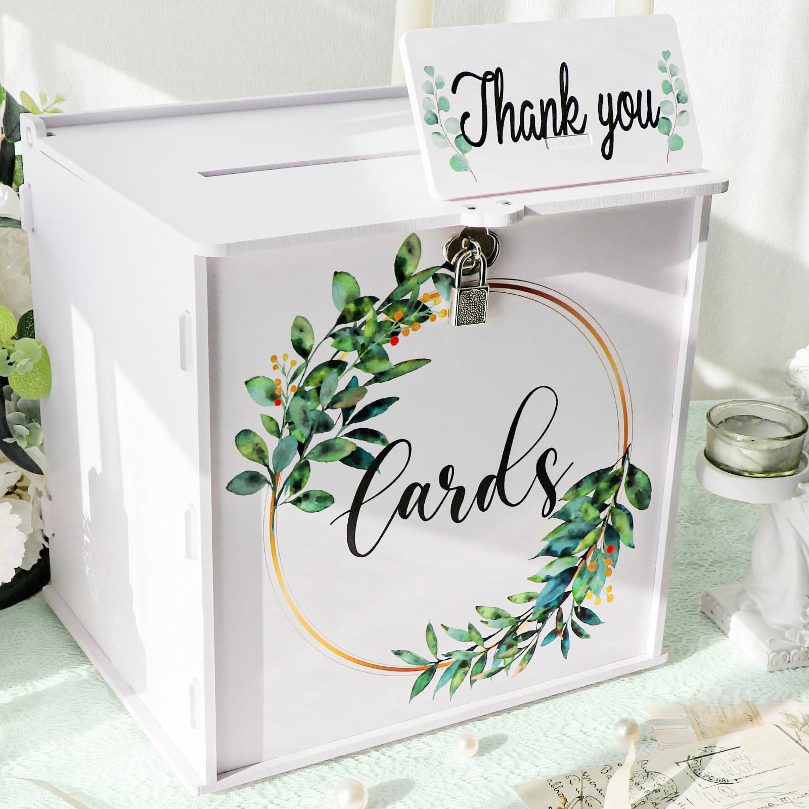 Caja para tarjetas de boda con candado, caja de regalo de PVC blanco para recepción de boda, eucalipto, manualidades, boda, sobres de dinero, caja de tarjetas, para fiestas, graduaciones, baby