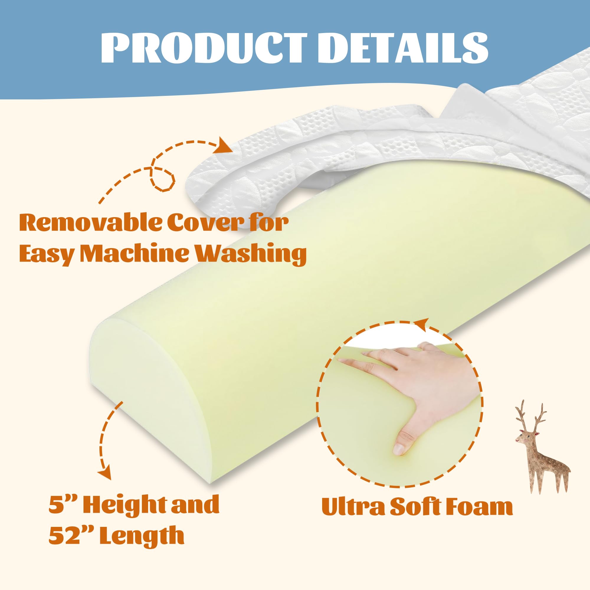 Asatdd Protector de cama para niños pequeños, protector de riel de cama | Barandilla de espuma viscoelástica suave para cama individual, matrimonial, Queen, King con funda lavable, 1 paquete