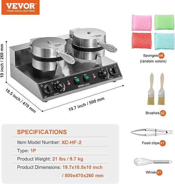 VEVOR Commercial Waffle Maker, Dual-Head Round Waffle Baker Machine, 2460W Non-Stick Stainless Steel Belgian Waffle Iron with Temp and Time Control, Handle, for Restaurant Bakery Snack Bar Family