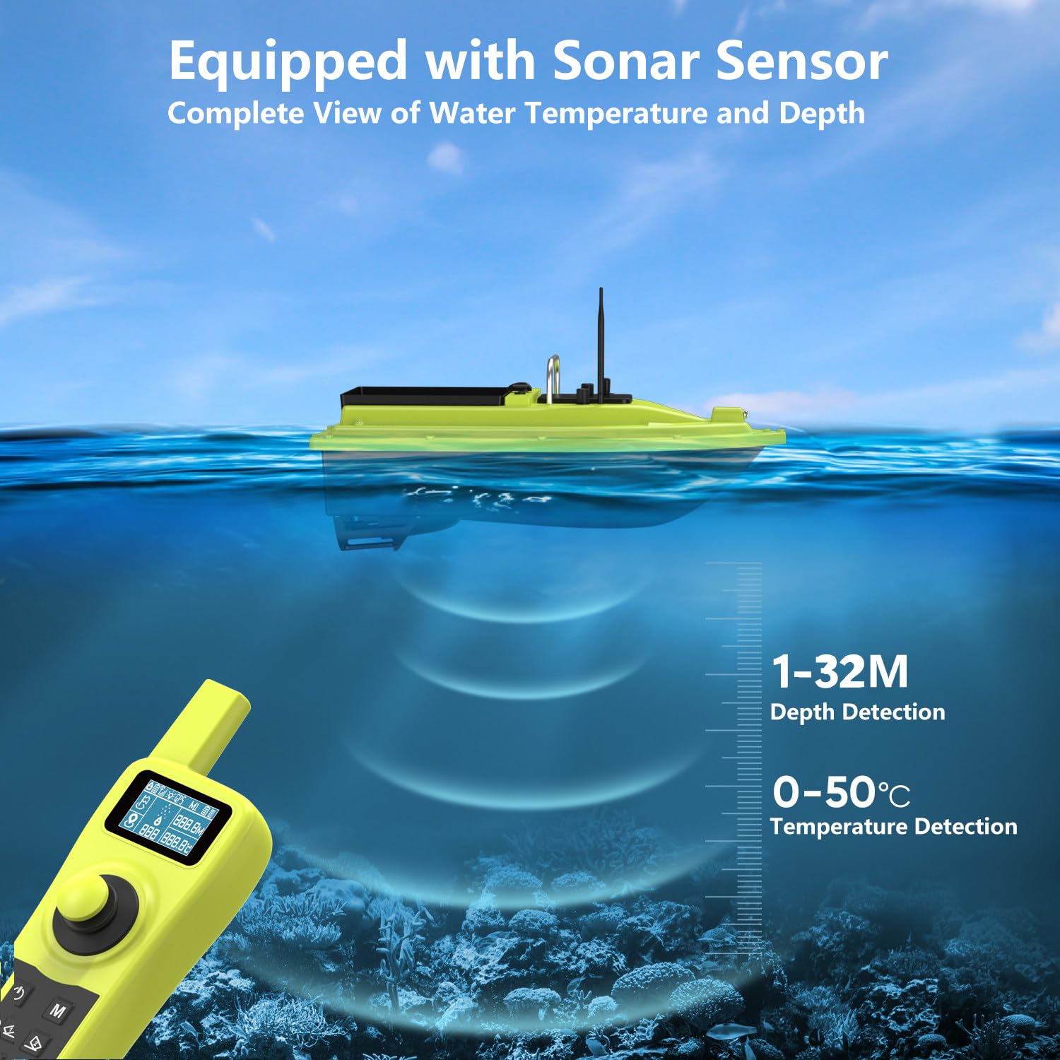 Barco de Pesca con Cebo Inteligente con posicionamiento GPS, Que Mide la Temperatura y la Profundidad del Agua, Retorno automático, Control Remoto de 500 m, Carga de 25 kg.