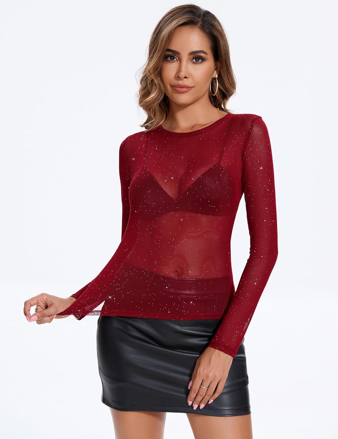 AKEWEI Womens Mesh Long Sleeve Tops Crew Neck Sexy See Through Tee Shirts Party Club Night Lace Blouse - Image 3