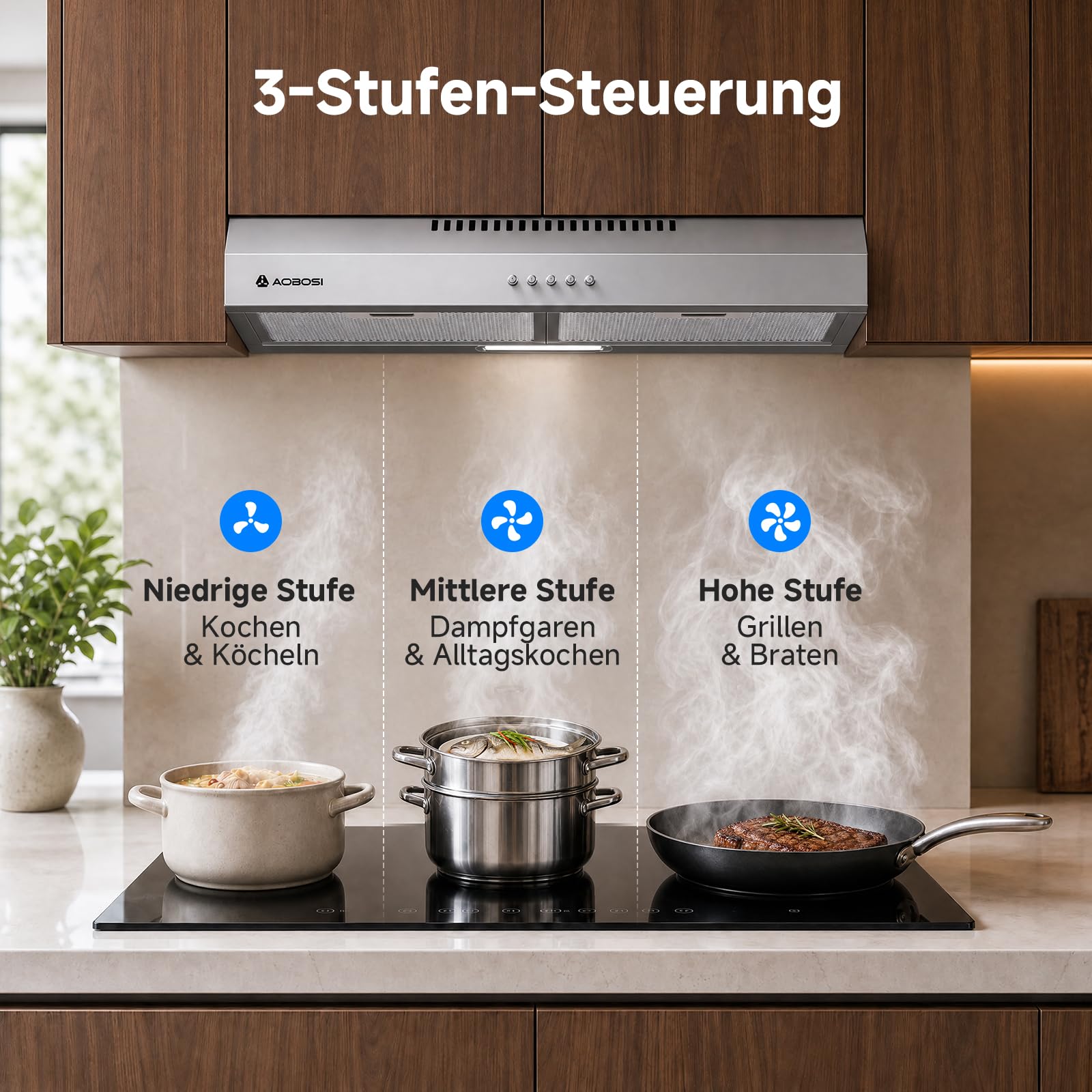 AAOBOSI A++ Dunstabzugshaube Unterbau 60cm, 3 Leistungsstufen, 230m³/h Unterbauhaube, mit Abluft oder Umluft mit Kohlefilter, LED-Licht, Edelstahl Silber
