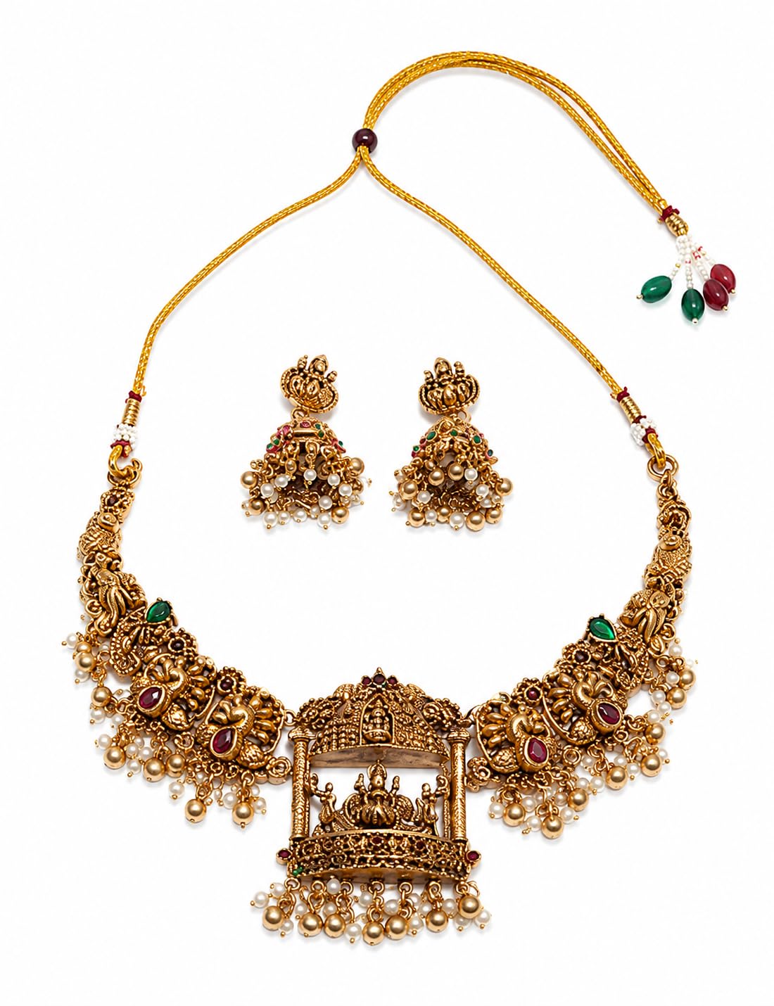 Traditional Gold Plated Temple Jewelry Necklace Set with Goddess Motif Pendant & Pearl Drop Earrings – Bridal & Wedding Ethnic Jewellery Set for Women (Gold, Red & Green Stone Work)-image-29