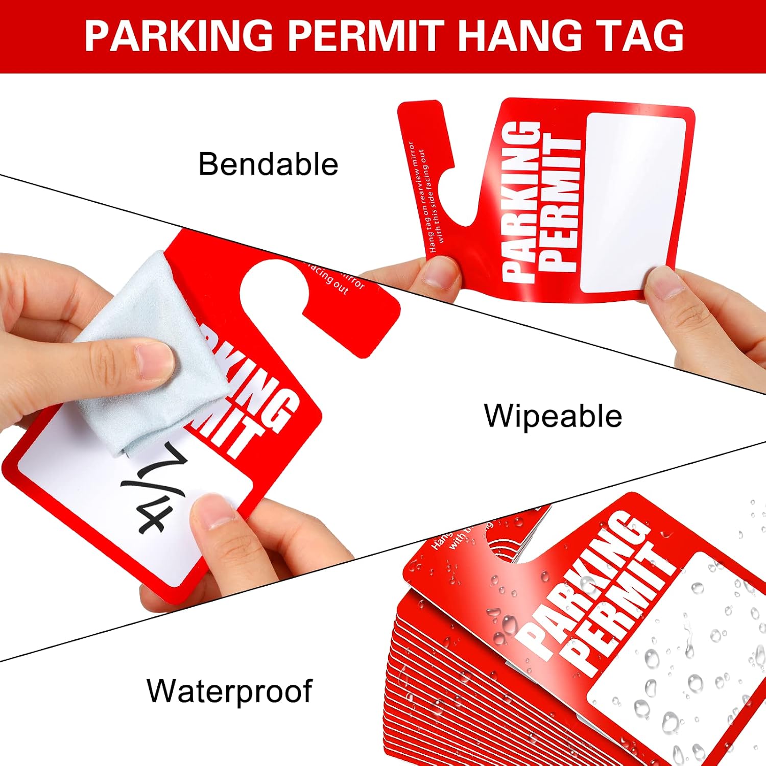 100 Pack Parking Permit Hang Tags Plastic Parking Placards PVC Hang Tag 3 x 5 Inch for Car Rear View Mirror (Red)