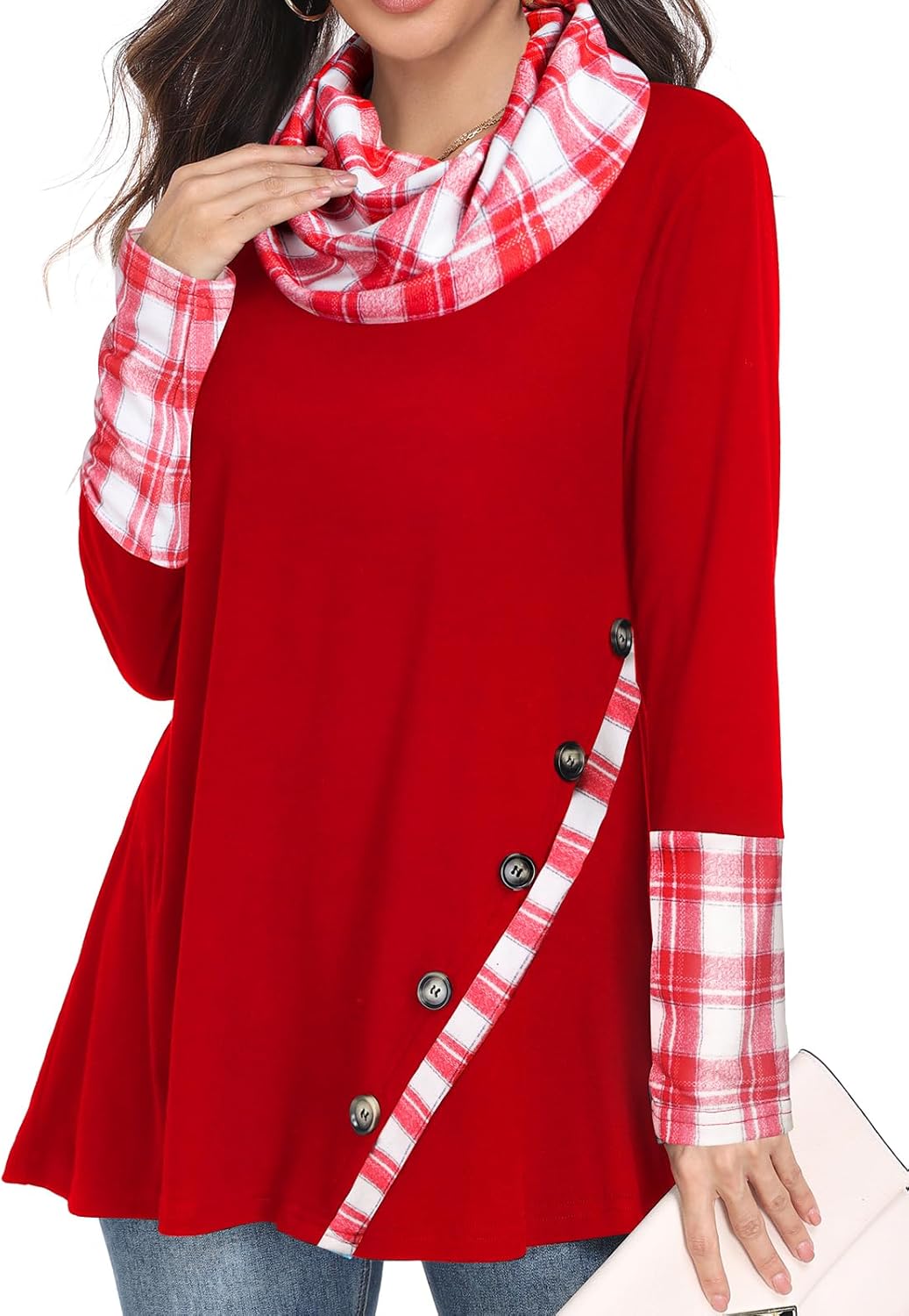 Miusey Long Sleeve Tunic Tops for Leggings Cowl Neck Sweatshirt with Asymmetric Hem Lightweight Pullover Sweaters