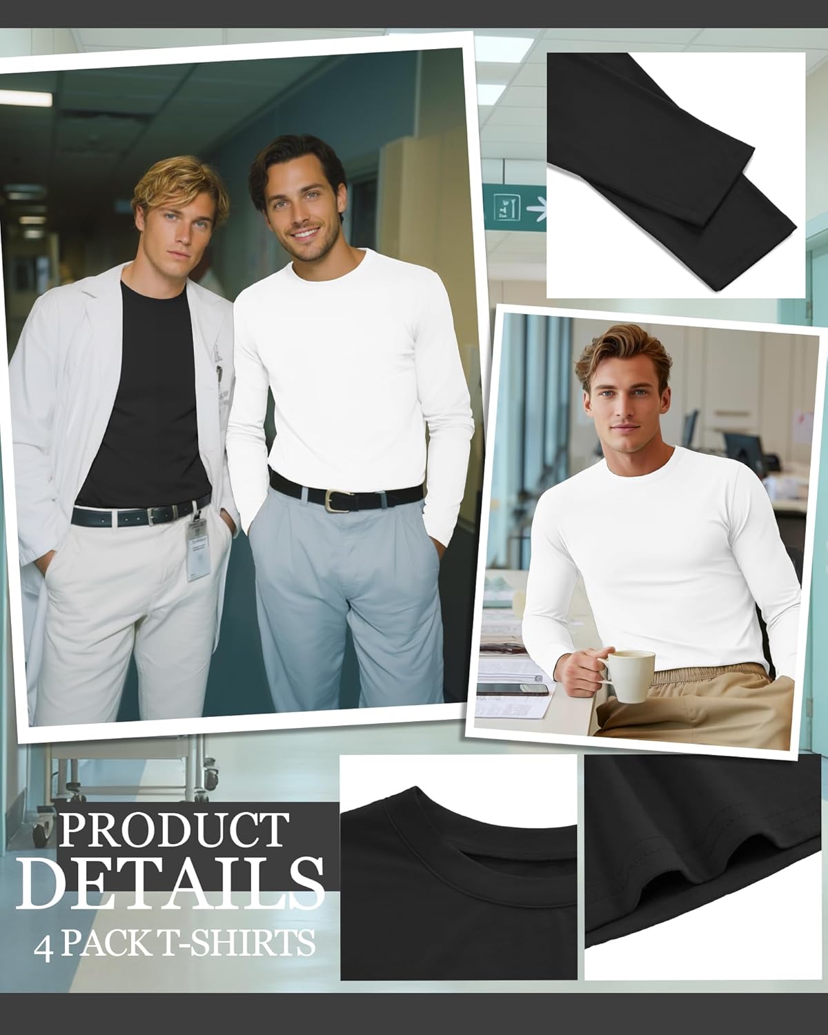 4 Pack Men's Long Sleeve Underscrub Shirts Nurse Crewneck Work Tops Stretchy Laying Undershirts Basic Tee - Image 5