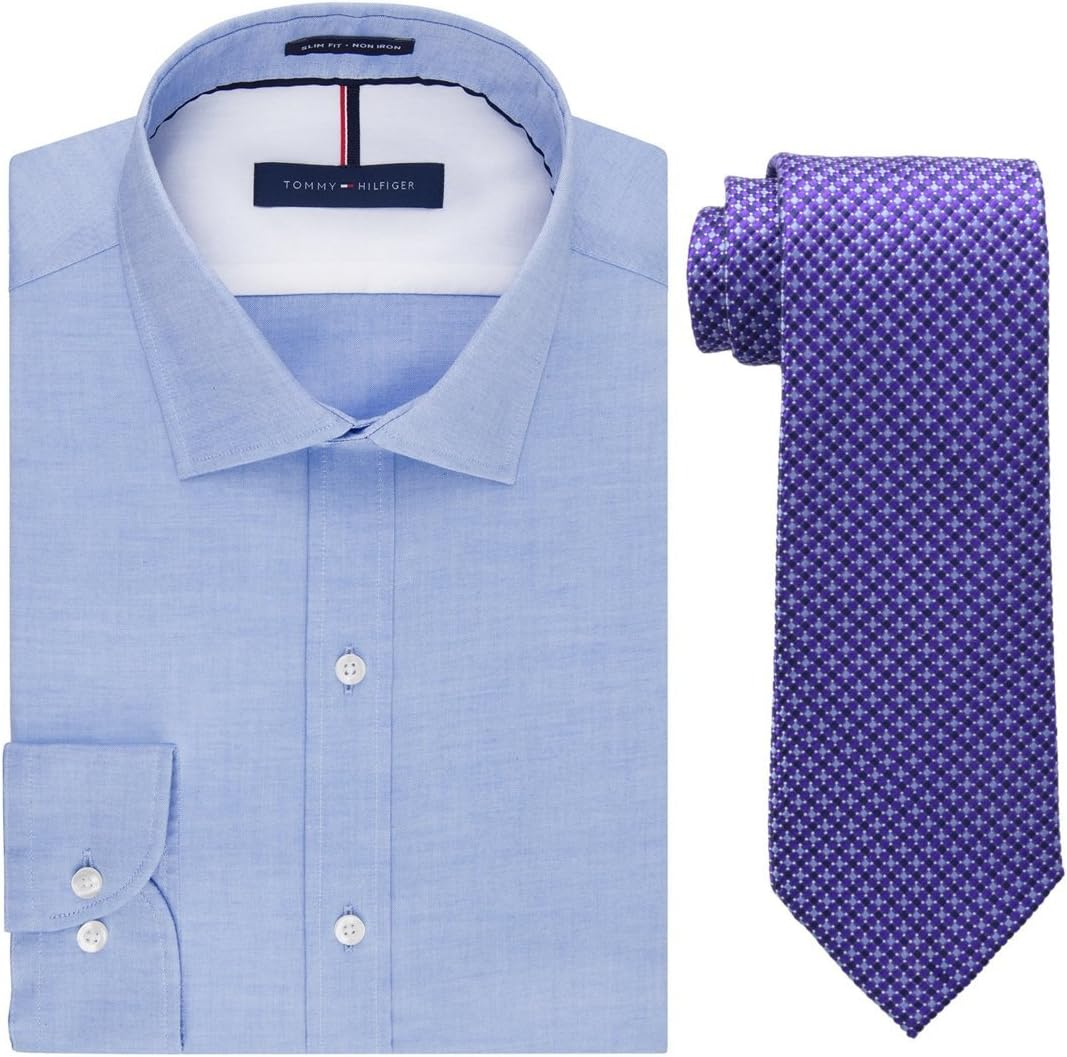 Tommy Hilfiger Men's Slim Fit Solid Dress Shirt and Core Micro Tie Combo