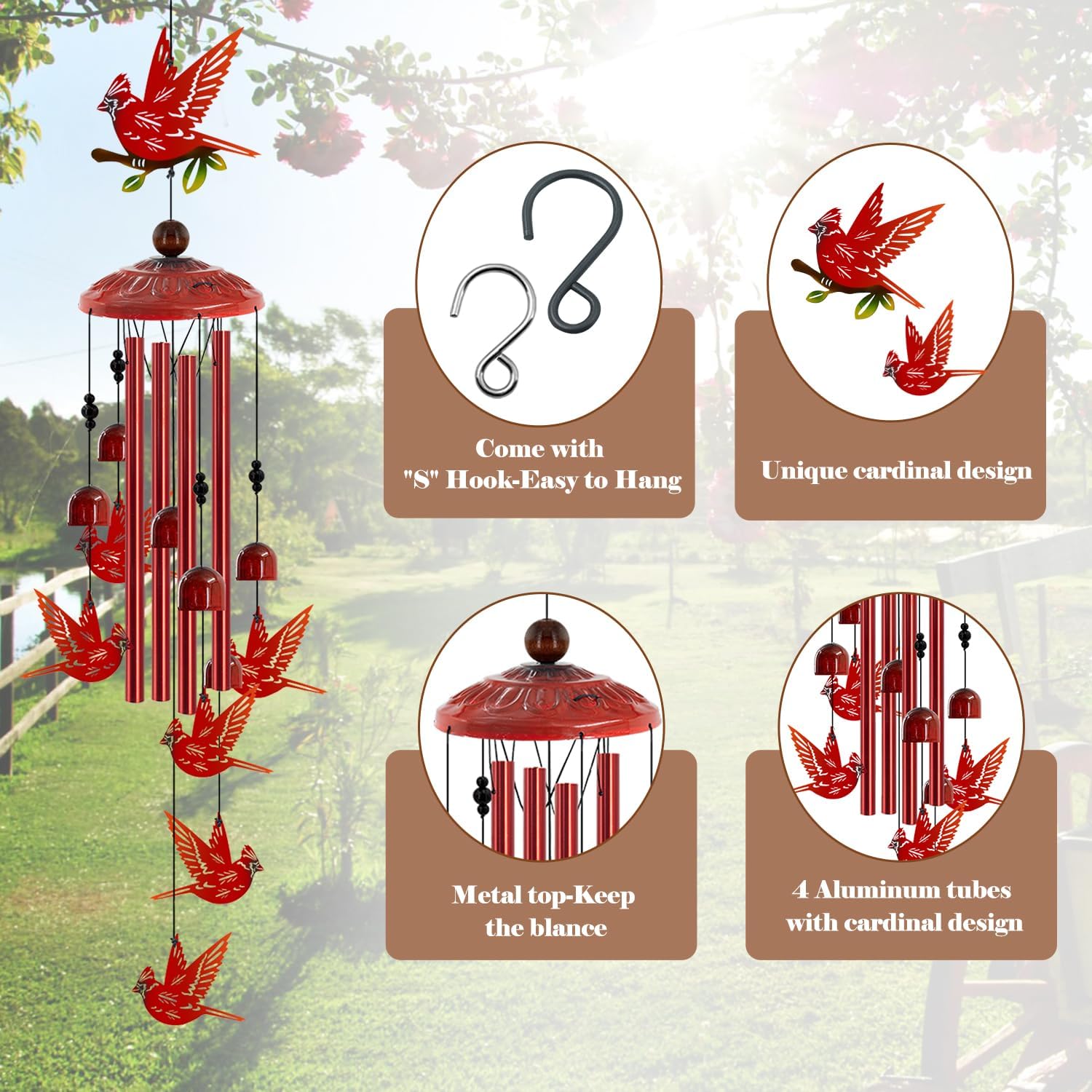 Cardinal Wind Chimes for Outside, Cardinals Gifts for Women,Memorial/Birthday Gifts for Grandma Mom, Metal Red Bird Windchimes with Soothing Tones, Christmas Outdoor Decor for Garden Patio Yard (35")