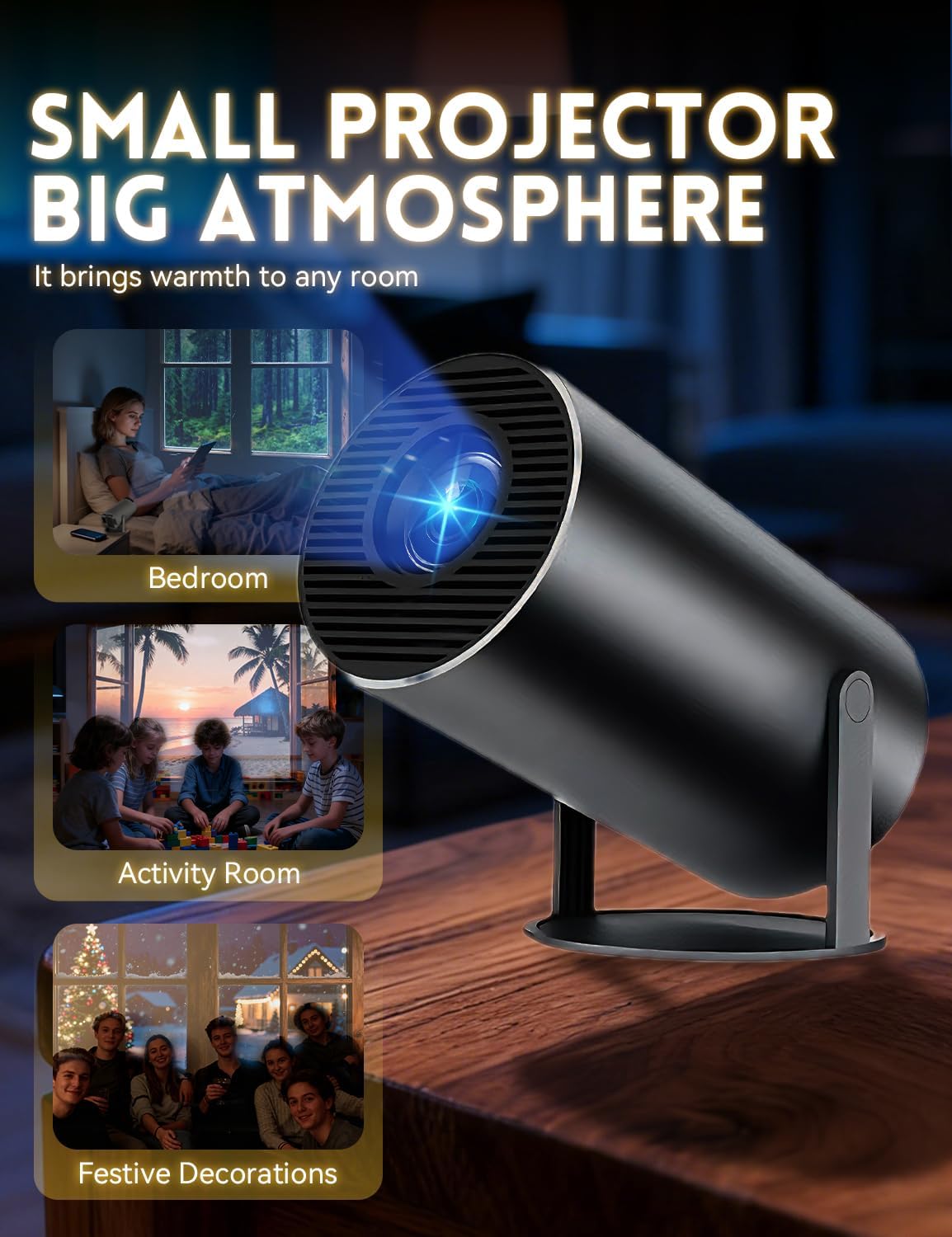 Projector for Reading – Mini Window Projector, 4k Supported Smart Projector with Wifi & Bluetooth, 210° Rotation & Built-In Speaker, Auto Keystone, Cozy Reading Ambiance & Bedroom Fantasy (White)