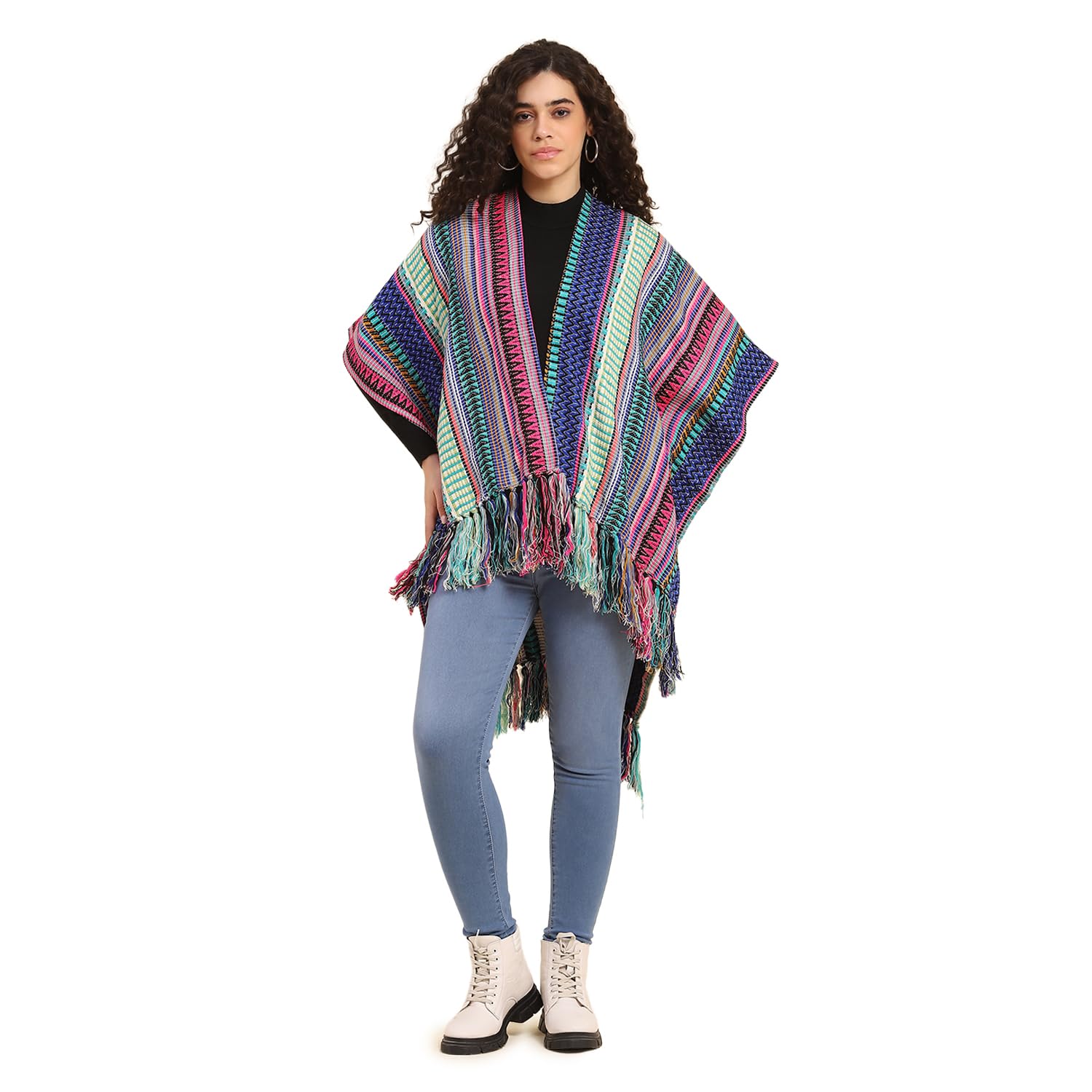 Geometric Fringed Asymmetrical Kaftan Acrylic Lightweight Colorful Woven Beach Cover Up Casual Layering Summer Womens Tunic Modern Stylish Festival Wear Statement Bohemian Clothing-image-25
