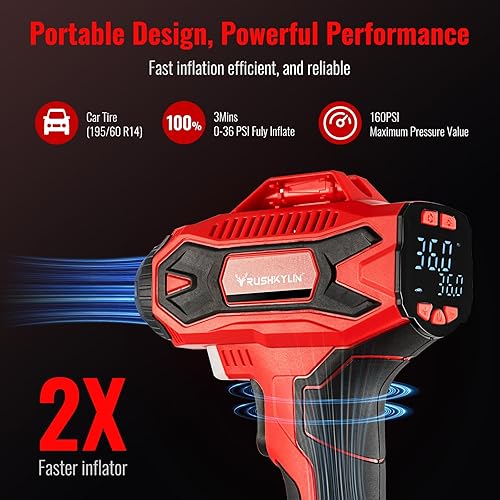 Miniatura 2 de RUSHKYLIN Inflador de neumáticos inalámbrico, compresor de aire portátil, bomba de aire de 160 PSI con adaptador de corriente de 12 V, bomba de