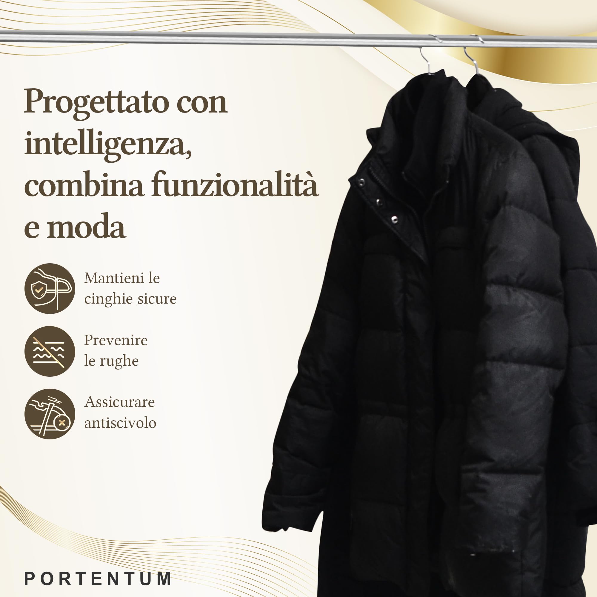 PORTENTUM Grucce in Velluto, Confezione da 50, Nero - Antiscivolo con Gancio Girevole 360º, Scanalature e Supporto Accessori, Salvaspazio 0,6 cm Spessore, Made in Spain