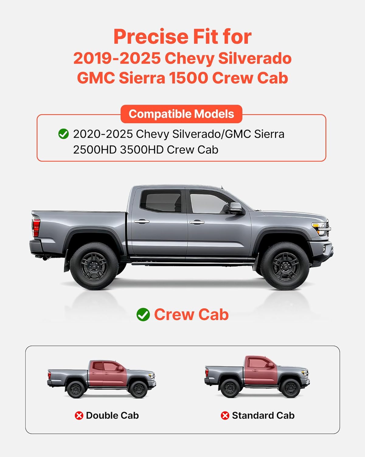 VEVOR Running Boards Compatible with 2019-2025 Chevy Silverado/GMC Sierra 1500 Crew Cab 2020-2025 Chevy Silverado/GMC Sierra 2500HD 3500HD Crew Cab,6 Inches Side Steps, Black Carbon Steel Nerf Bars