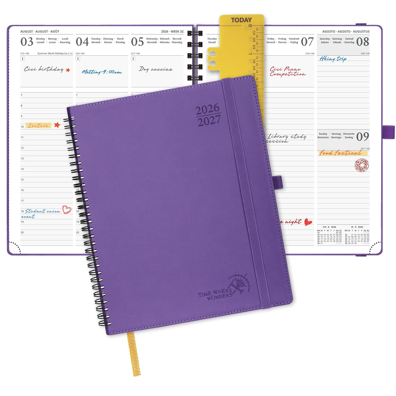 POPRUN Academic Diary 2026-2027 Week to View Large (26.5x21.5 cm) Soft Cover Spiral 17 Months (Aug'26 - Dec'27) Mid Year 26/27 Vertical Weekly Planner(Purple)