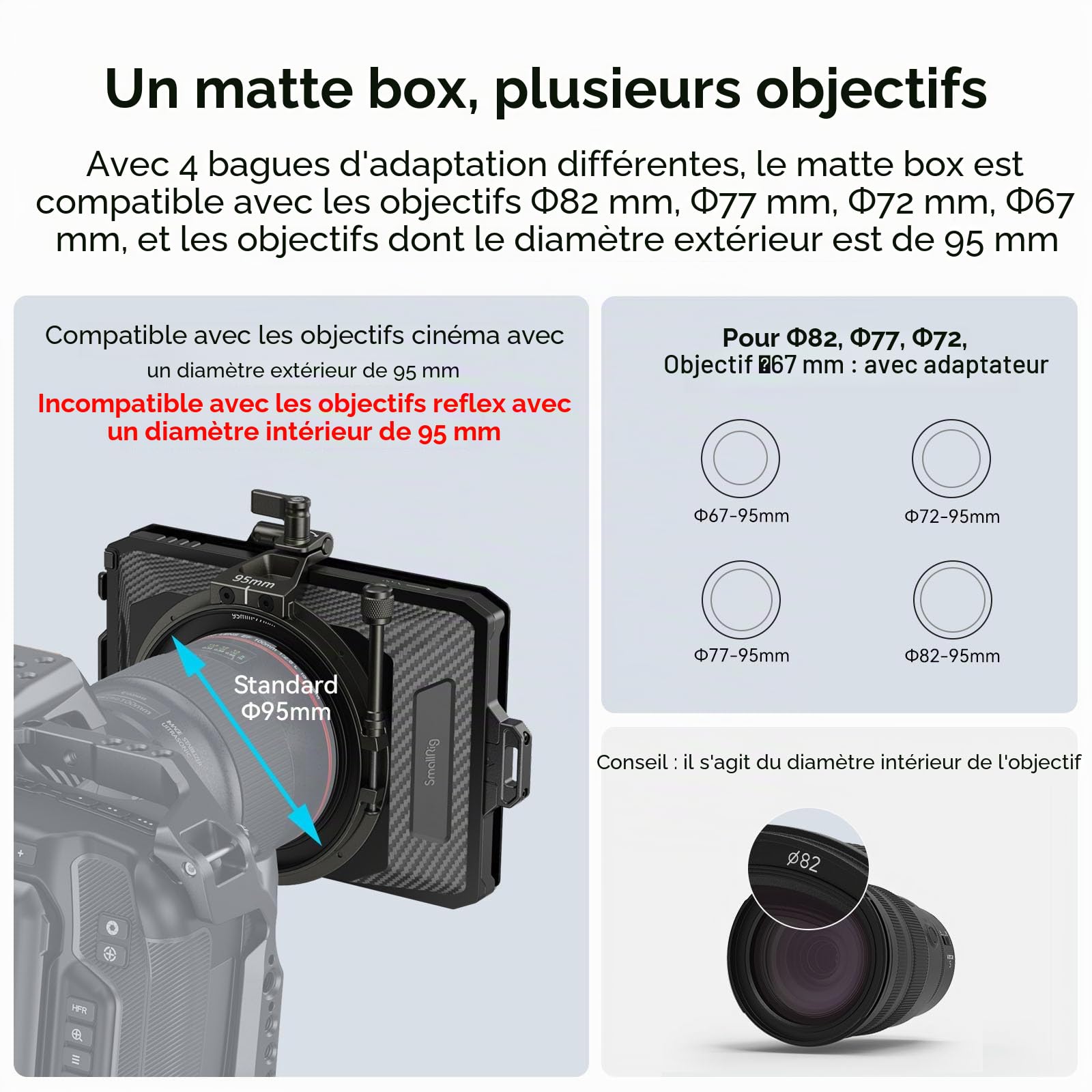 SMALLRIG Mini Matte Box Lite avec Plateau de Filtre à Drapeau Supérieur Compatible avec Les Objectifs 67mm/72mm/77mm/82mm/95mm pour Reflex Numériques et Camera sans Miroir - 3575