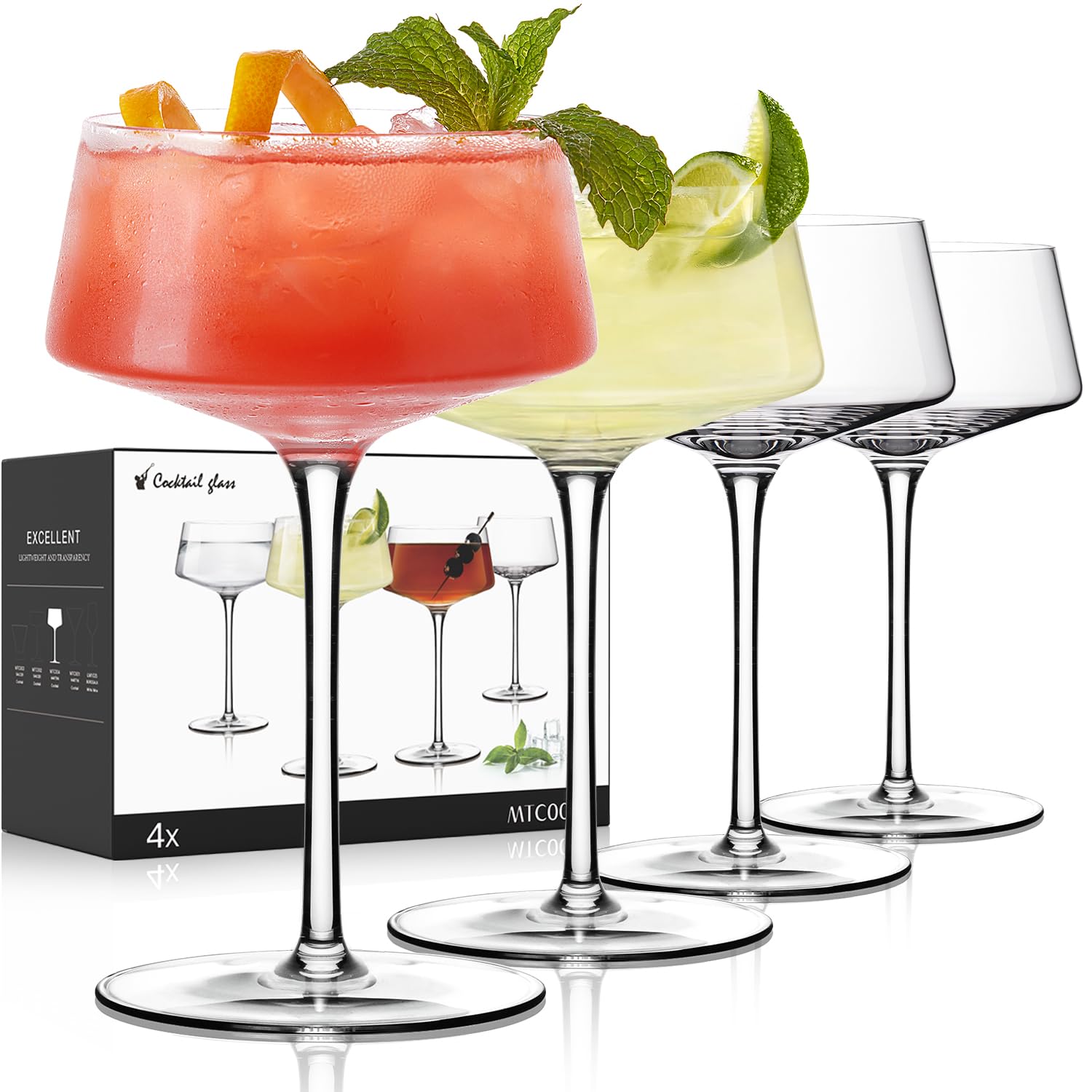 Coupe Glasses Set of 4, Martini Glasses Hand Blown Premium Crystal Cocktail Glassware for Manhattan, Margarita, Espresso Martini, Home Bar, Dinner Party, Birthdays, Housewarming Gift,8oz Clear