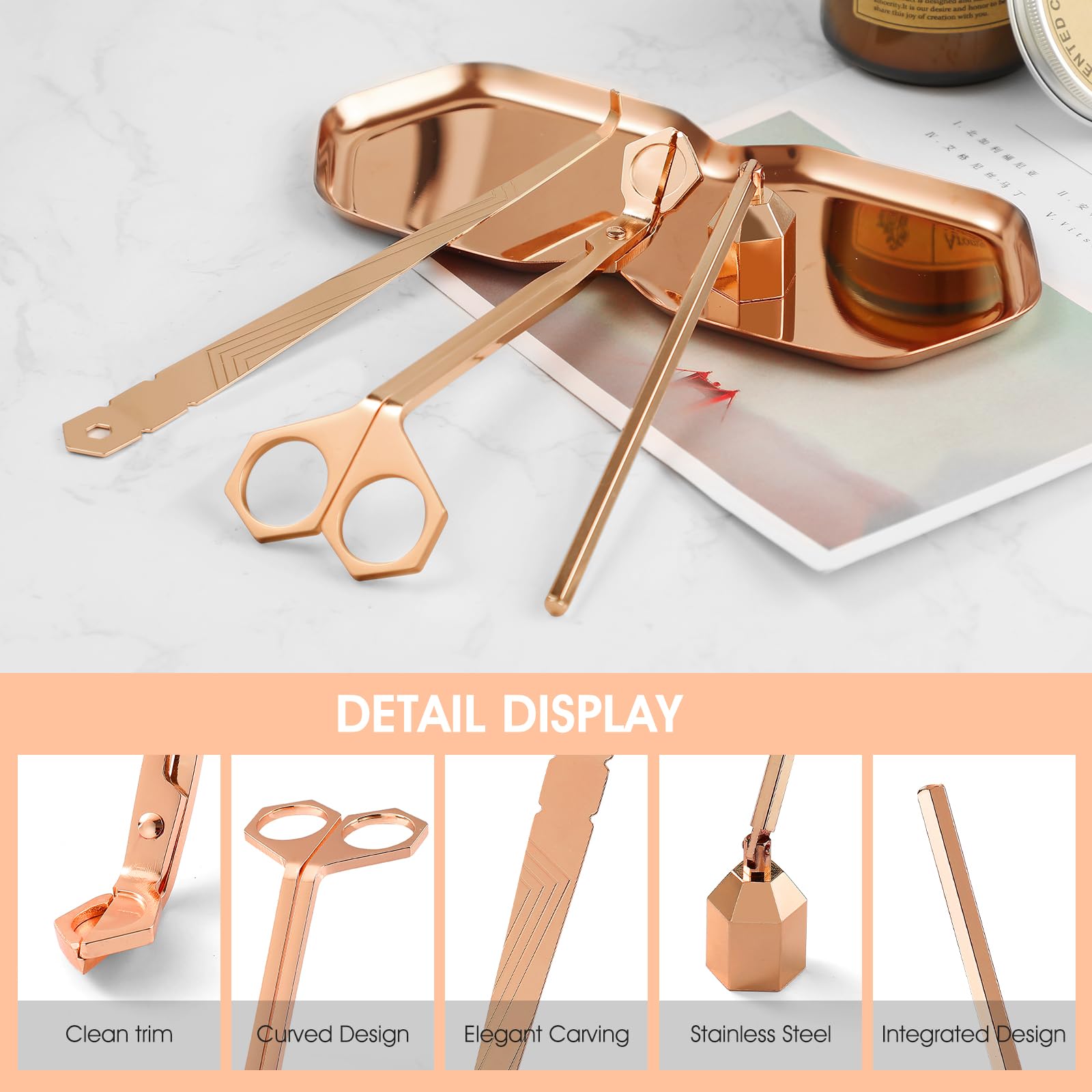 PATOISE 3-in-1 Candle Accessory Set, Wick Trimmer, Candle Snuffer, Wick Spoon, Stainless Steel Material Perfect for Candle Lovers(Rose Gold)
