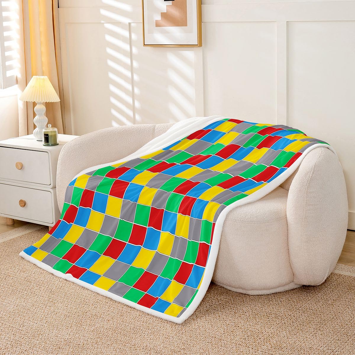 Erosebridal Geometric Checkered Sherpa Blanket Colorful Checkerboard Fuzzy Plush Throw Rainbow Plaid Fleece Blanket for Kids Boys Girls,Red Blue Green Yellow Grids Decor for Bed Couch Queen 90"x90"
