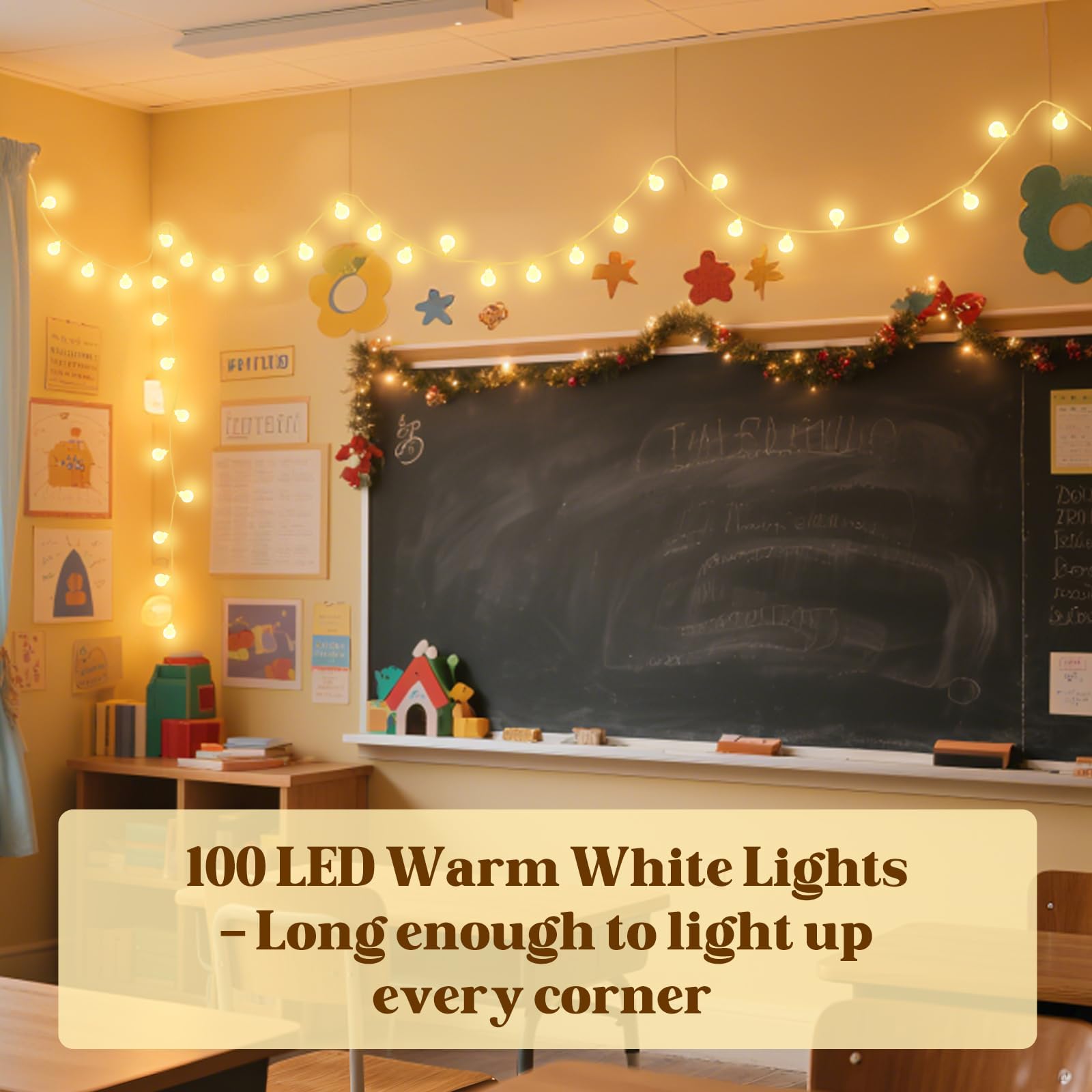 200 luces LED blancas cálidas para aula, cadena de luces de hadas de 66 pies con 8 modos, iluminación colgante de globo impermeable para profesores, techo de aula, tablón de anuncios, pizarra blanca