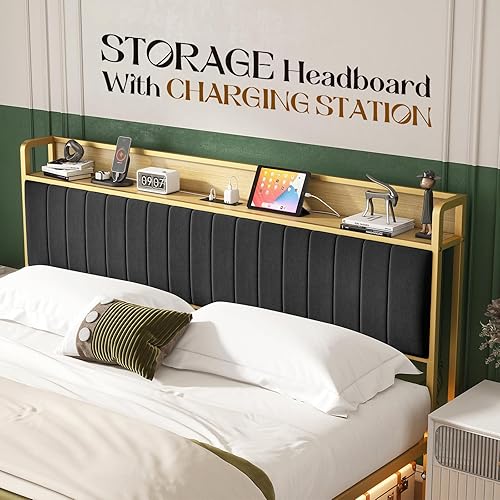 Miniatura 6 de HOWE Base de cama tamaño King con luz activada por movimiento, plataforma LED con 2 cajones y cabecera de almacenamiento, estación de carga, sin