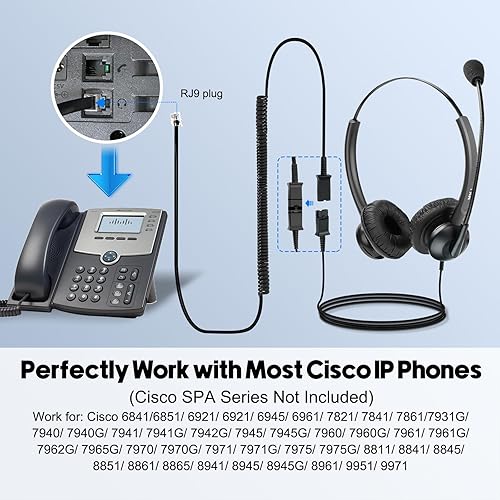 Miniatura 5 de MKJ Auriculares para teléfonos Cisco Dual Ear Landline Headset con micrófono de cancelación de ruido para teléfono Cisco CP-7821 7841 7941G 7942G