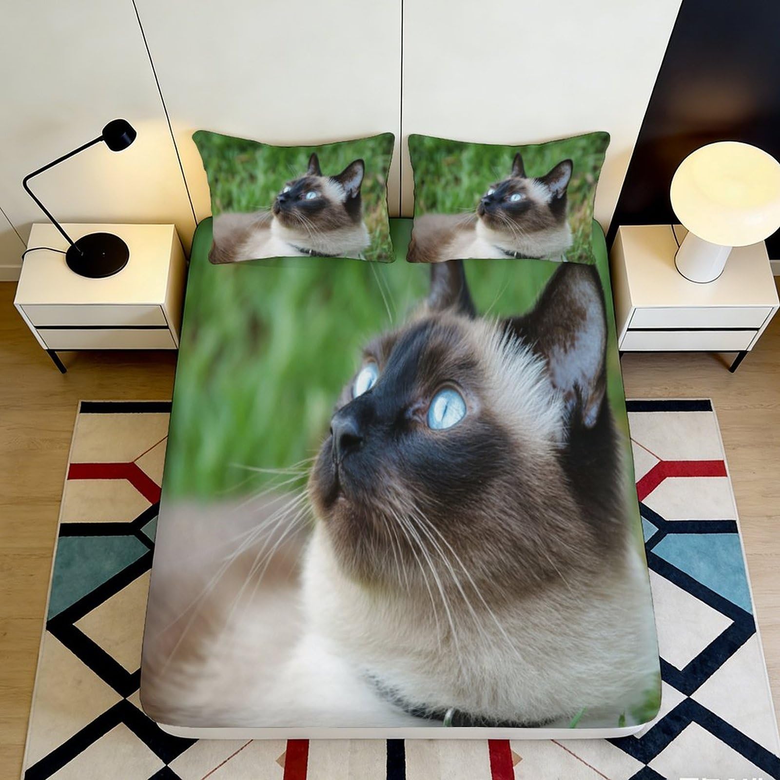 3D Printed Siamese Cat Fitted Sheet Microfiber Soft Bedroom Decor Realistic Cat Face Mattress Cover 90x200x25cm