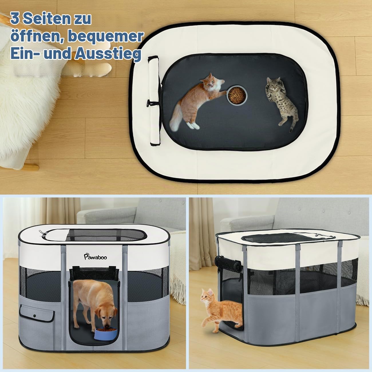 Pawaboo Tragbarer Hunde-Laufstall aus 600D Oxford-Gewebe, Grau