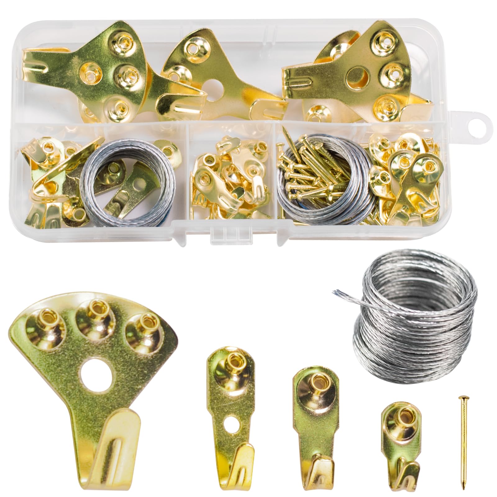 70 PcsPicture Hooks, Picture Hanging Kit, pPicture Hanging Hooks, Assorted Sawtooth Picture Hangers with Sawtooth, for Pictures Photos Arts Decorations in Home Office(Gold) (70)