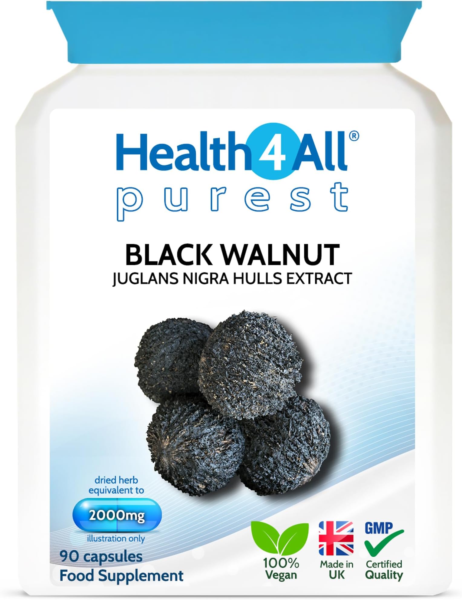 Health4All Black Walnut Hulls 2000mg 90 Capsules, Strongest Green Husk Capsules for Intestinal Health, Cleanse & Detox, Vegan, Purest: no additives | Made in UK