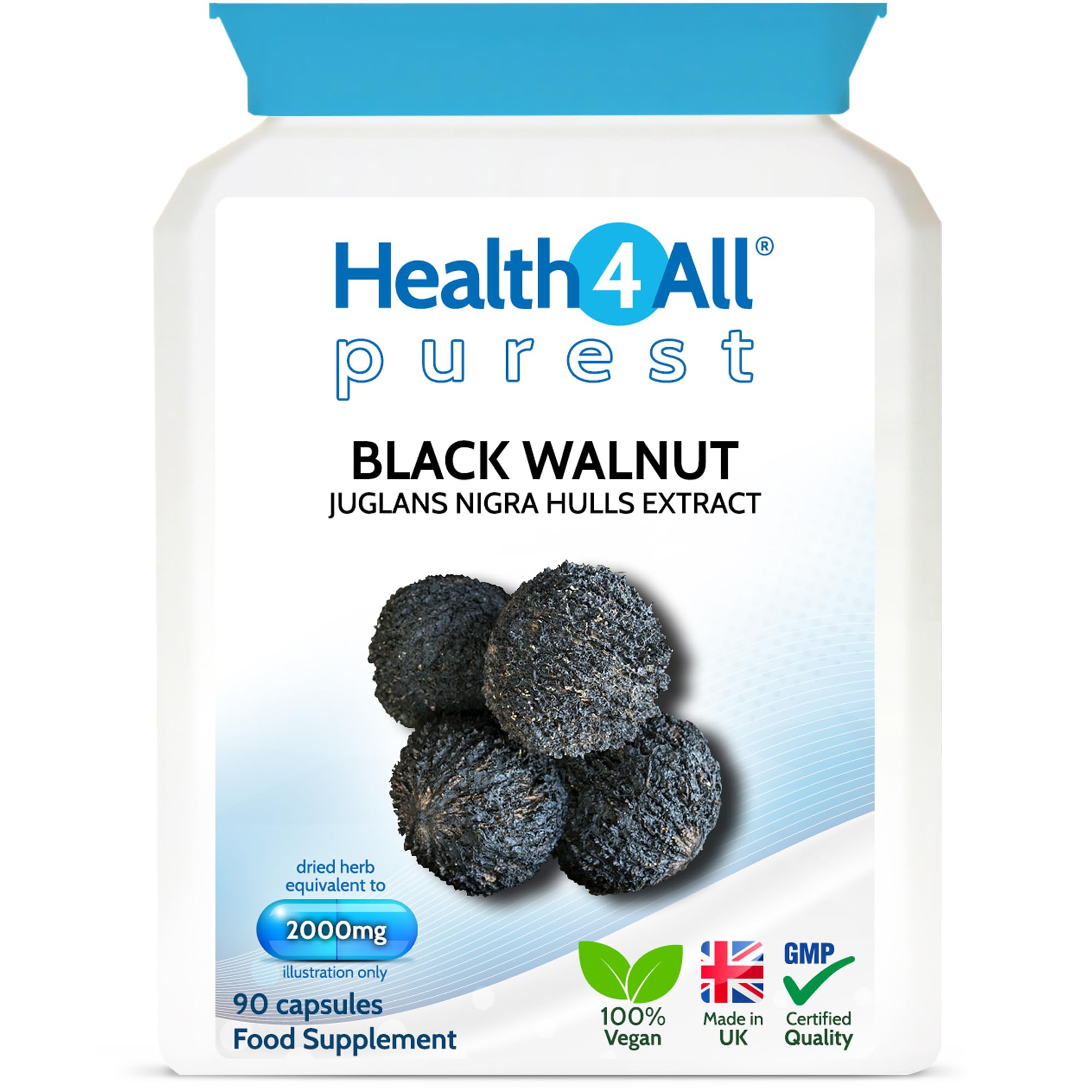 Health4All Black Walnut Hulls 2000mg 90 Capsules, Strongest Black Walnut Green Hull Capsules for Intestinal Health, Cleanse & Detox, Vegan, Purest: no additives | Made in UK
