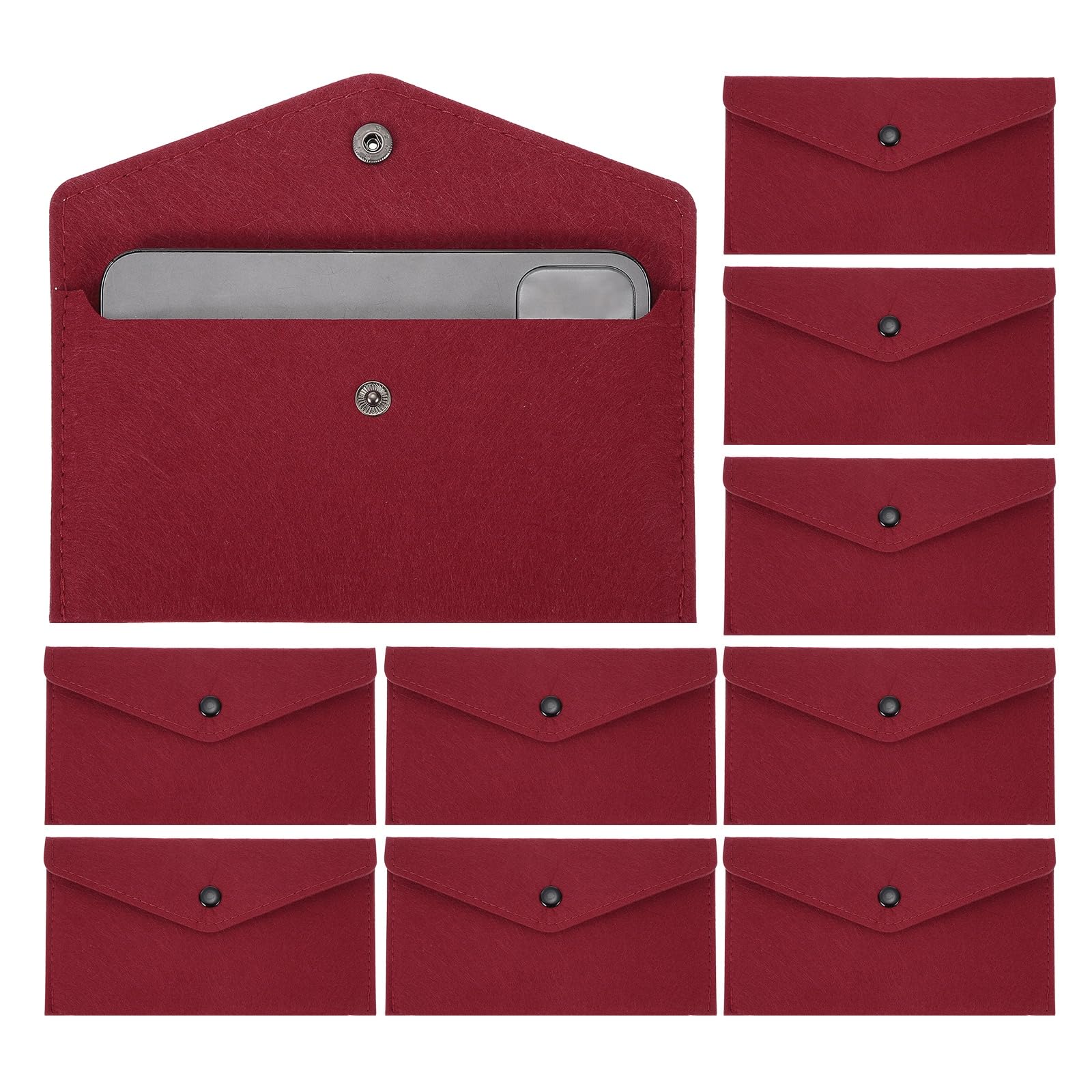 PATIKIL 10Pcs Felt Money Bag, Felt Cellphone Sleeve Case Pouch Cash Bag Button Closure Cash Envelope Wallet Storage Pouch for Card Pen Sunglasses, Dark Red