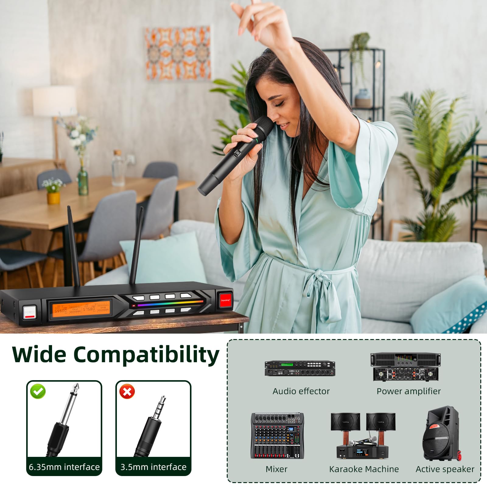 Depusheng R7 microfono wireless dotato di due microfoni portatili dinamici e ricevitore, con un raggio di ricezione di 80 metri, adatto per palchi di concerti karaoke
