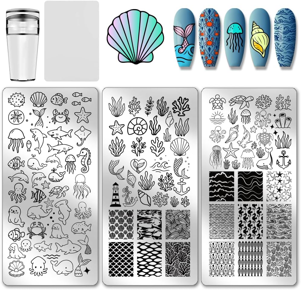 PH PandaHall 3pcs Summer Ocean Nail Stamping Plate Kit, Marine Animal Whale Shell Art Templates Sea Beach Nail Art Stencils with Stamper and Scraper for DIY Print Manicures Salon Design