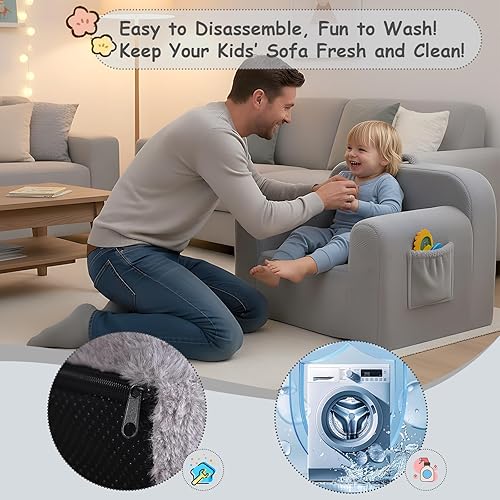Miniatura 27 de Tiita Silla para niños, cómodo sofá plegable para niños, sofá ligero para niños con asa de transporte y bolsillos laterales, reposabrazos de espuma