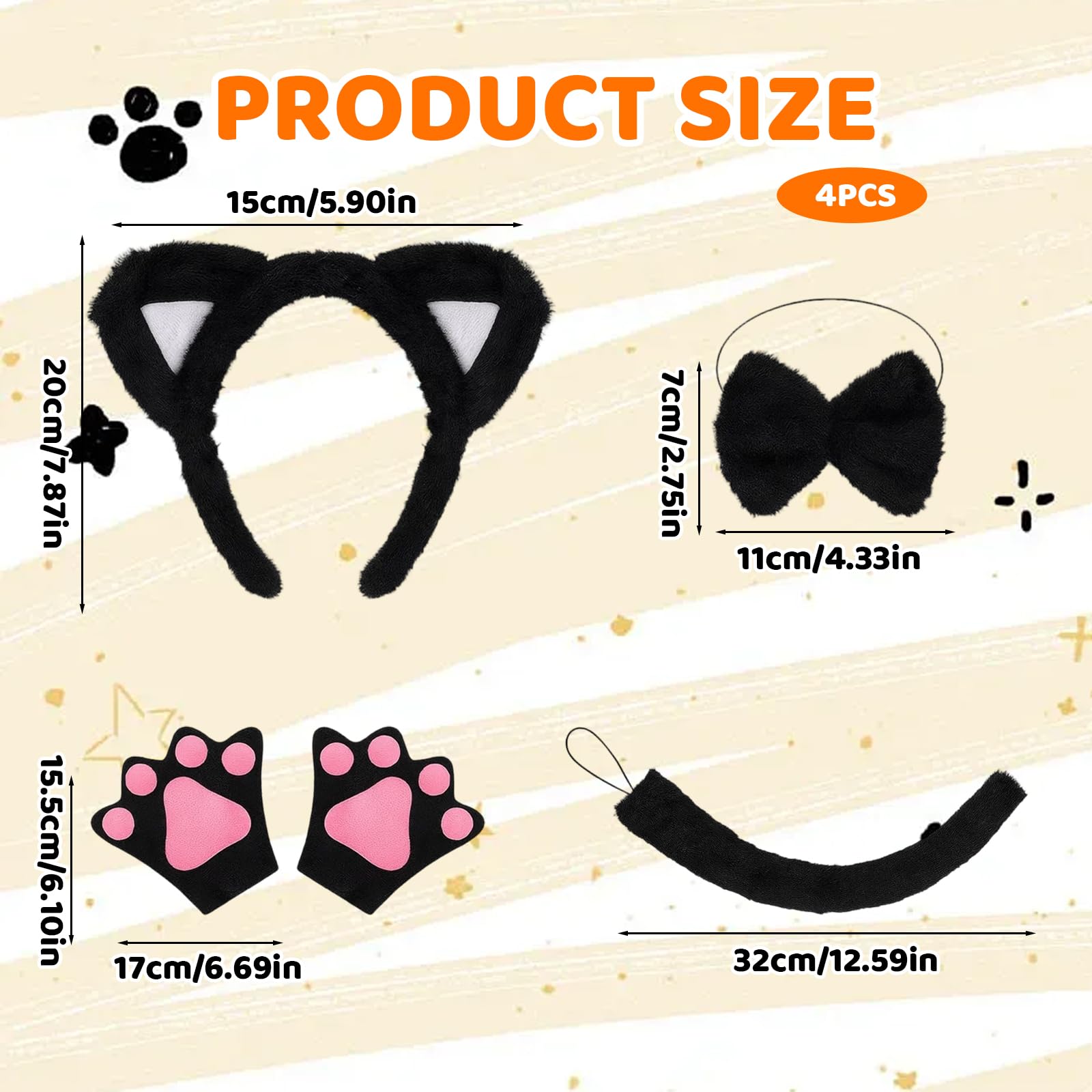 SrgPui 4Pcs Cat Ears and Tail, Cat Costume Set including Headband, Gloves, Bow Tie and Tail - Image 2