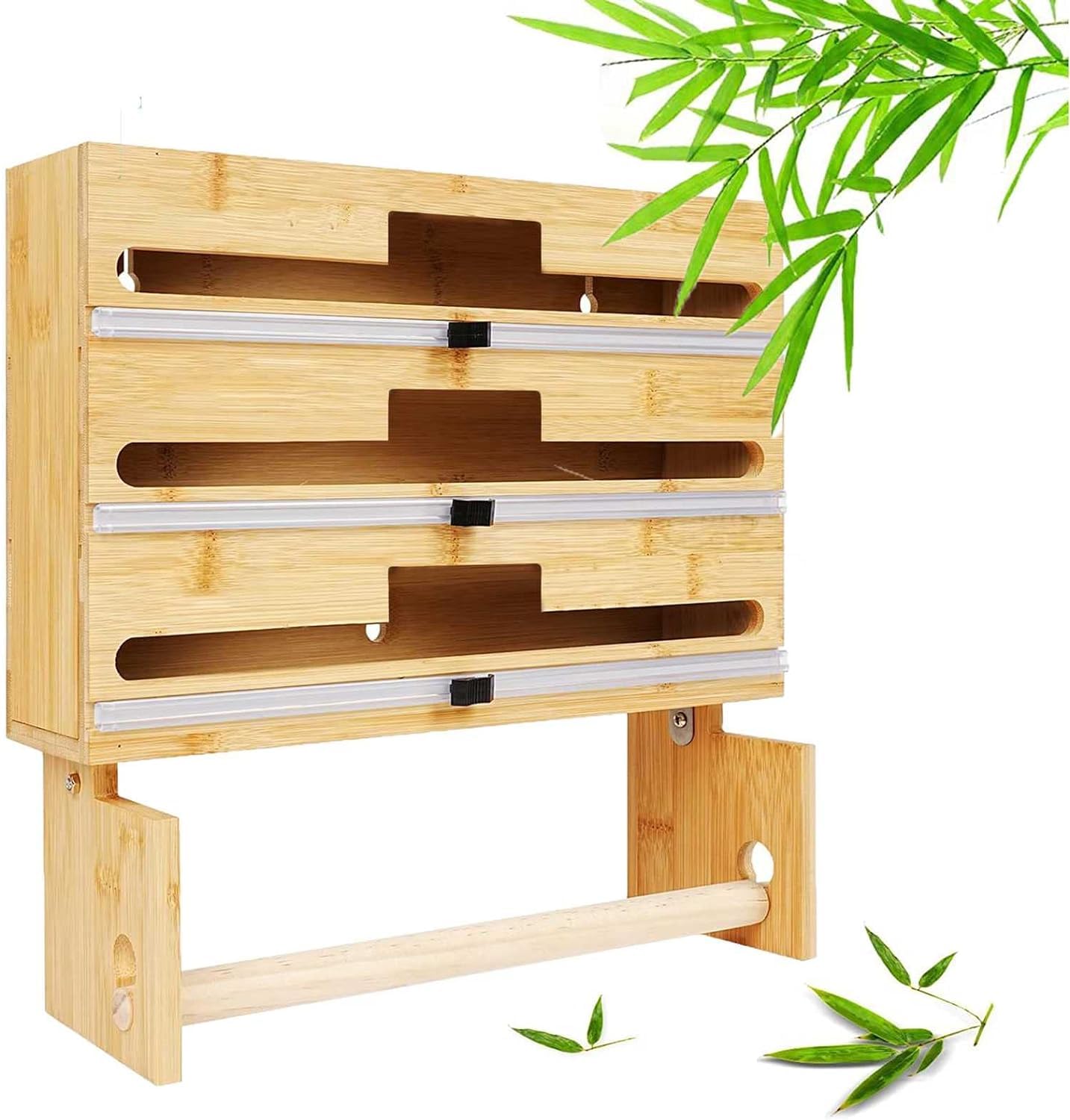 Dispensador de envolturas 4 en 1 con cortador,Dispensador de papel de aluminio y film transparente,Soporte de toalla de papel de bambú para montaje en pared,Soporte de pared para cocina,Organización y